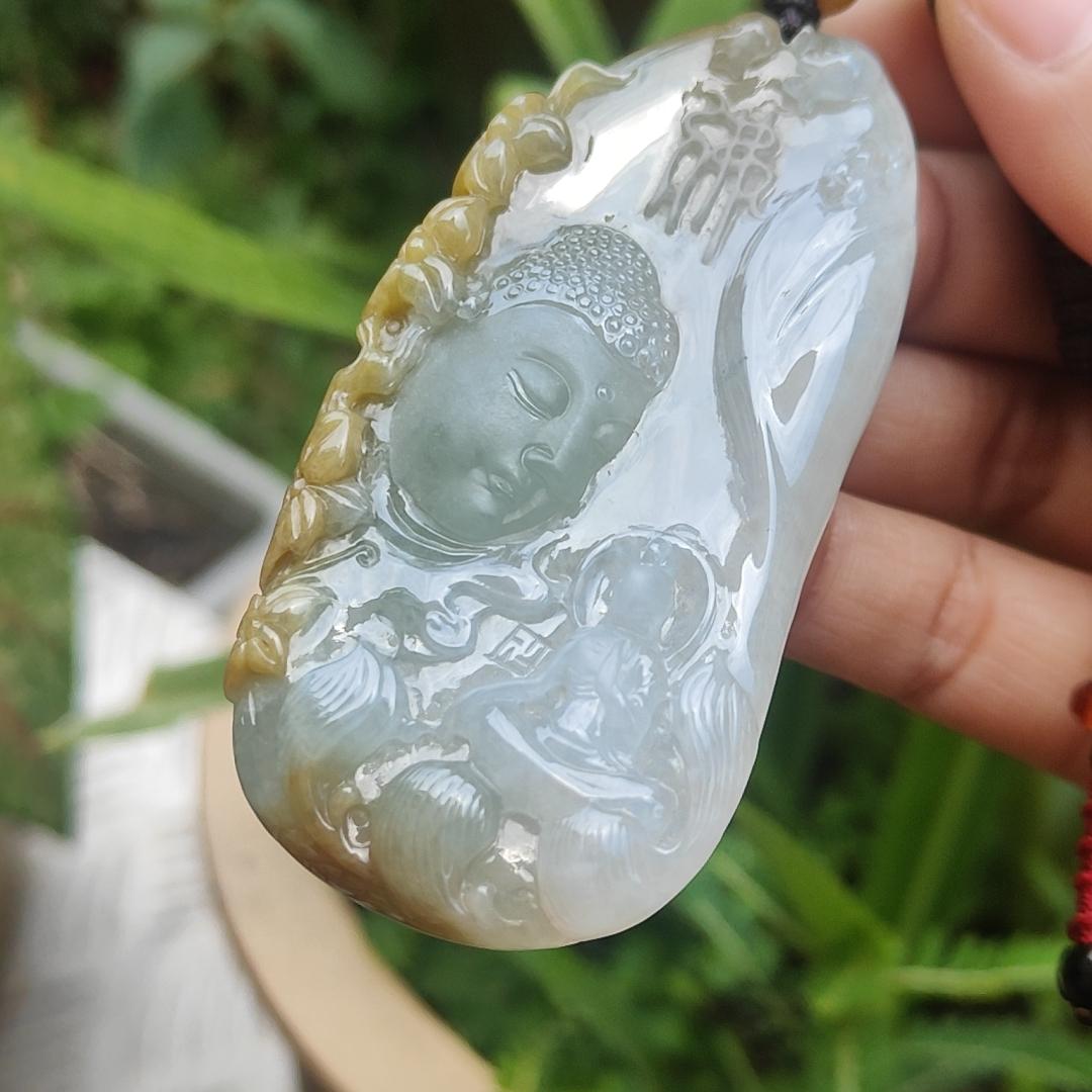 High Quality Yellow with Light Green Natural Type A Jadeite Jade crafted with Buddha and Monk as Pendant, certificate weigh 54.87 grams, measurement 71.6 * 35.6 * 9.5 mm (pendant262) Yi Pin Qian