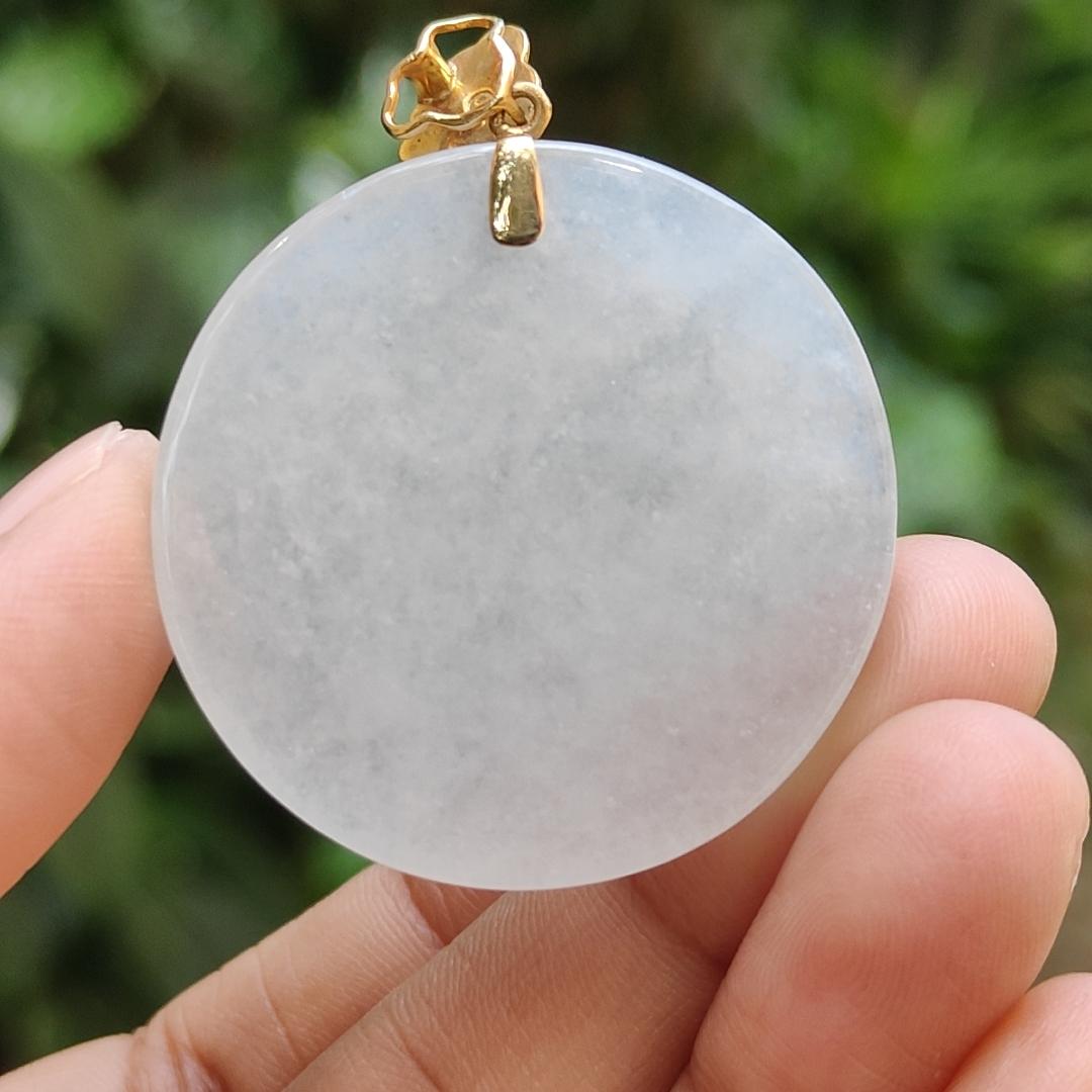 Mid-Year Special - Semi Icy Translucent Natural Type A Jadeite Jade crafted with round shape as Pendant with 18k Gold Clasp, certificate weigh 18.24 grams, measurement 35.2 * 5.5 mm (18kp32) Yi Pin Qian