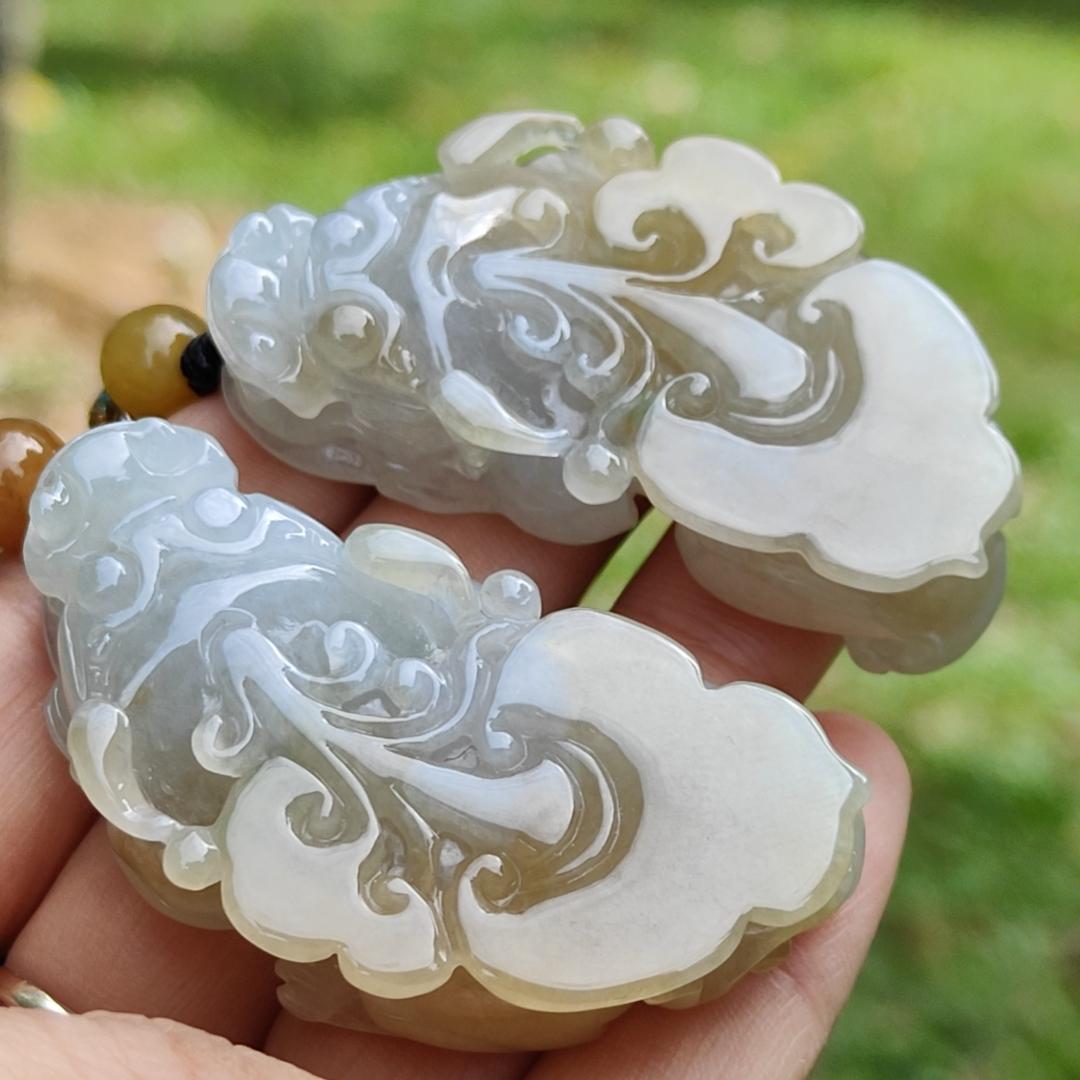 Hight Quality Pair of Yellow with Light Green Hue Natural Type A Jadeite Jade crafted as Pixiu for Pendant, certificate weighs 30.53 grams , 30.35 grams, measurements 50.5 * 26 * 11.5 / 50.5 * 26.2 * 11.5 mm (pendant278) Yi Pin Qian