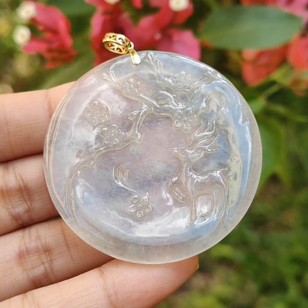 High Premium Icy Variety Quality Natural Type A Jadeite Jade Pendant Necklace crafted as Deer meaning all the way with you with certificate weigh 21.24 grams, measurement 46.9 * 47 * 4.8 mm (18kp10) Yi Pin Qian