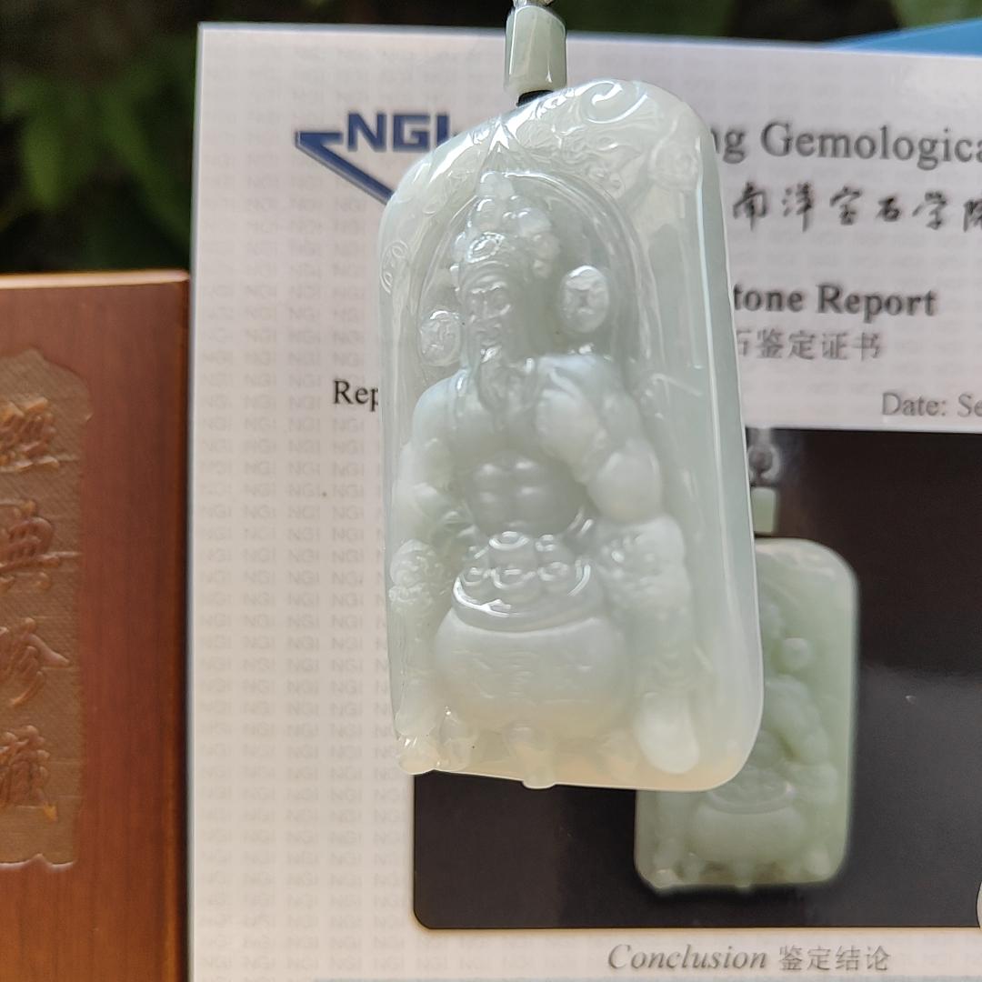 Fortune God with Heng Ong Huat Type A Natural Jadeite Jewelry Pendant with NGI Gemstone report pendant weight 56.18 gram , 59.45 * 37.1 * 10.26 mm - Translucent faint greenish blue (pendant141) Yi Pin Qian