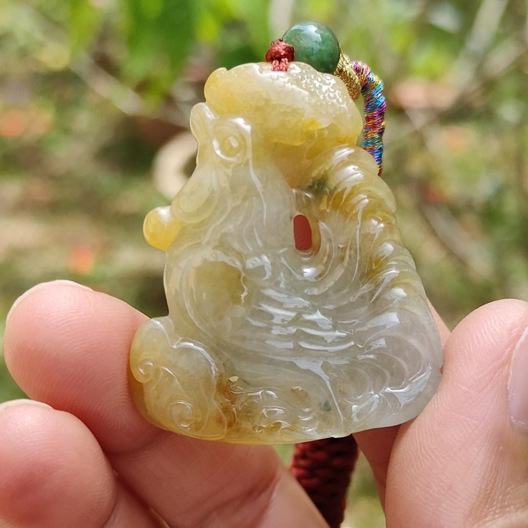 Premium Quality Yellow and Green Natural Type A Jadeite Jade crafted as Rooster with Ruyi as pendant necklace with certificate weigh 17.7 grams, measurement 41.6 * 34.8 * 7.5 mm (pendant208) Yi Pin Qian