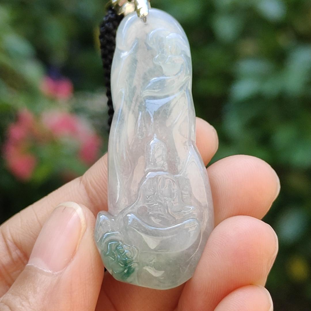 Icy variety Translucent with green Natural Type A Jadeite Pendant Necklace crafted as the faceless buddha with symbols of Holy and blessed blessings of wealth, prosperity and happiness with certificate weigh 11.02 grams, 49.9 * 19.9 * 7 mm (pendant34) Yi Pin Qian