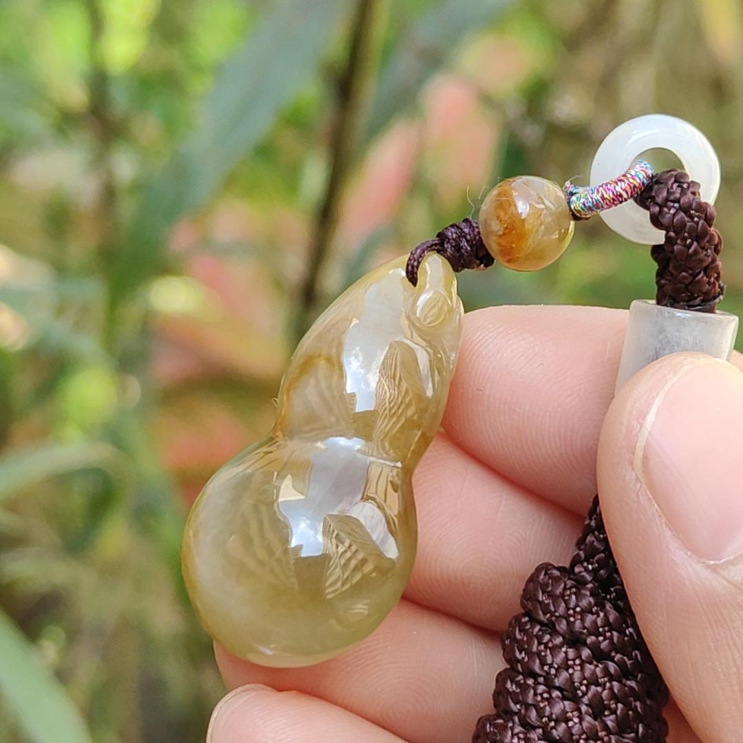 Premium Semi Icy Yellow Natural Type A Jadeite Pendant Necklace crafted as a gourd, symbols of Happiness, wealth, longevity, with certificate weigh 9.16 grams, 32.6 * 18.7 * 10.3 mm, suitable for daily wear or collection purpose Yi Pin Qian