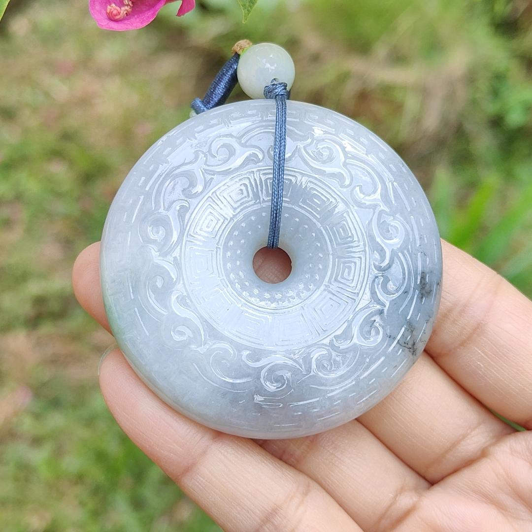 Hugh Natural Type A Jadeite Pendant Crafted as Dounut with beautiful archaize style with floating green and some wuji with Purple Hue, QIC Labs approved cert weigh 71.13 grams, 54.3 * 54.3 * 12.2 mm, symbols of Everything is going well (pendant64) Yi Pin Qian