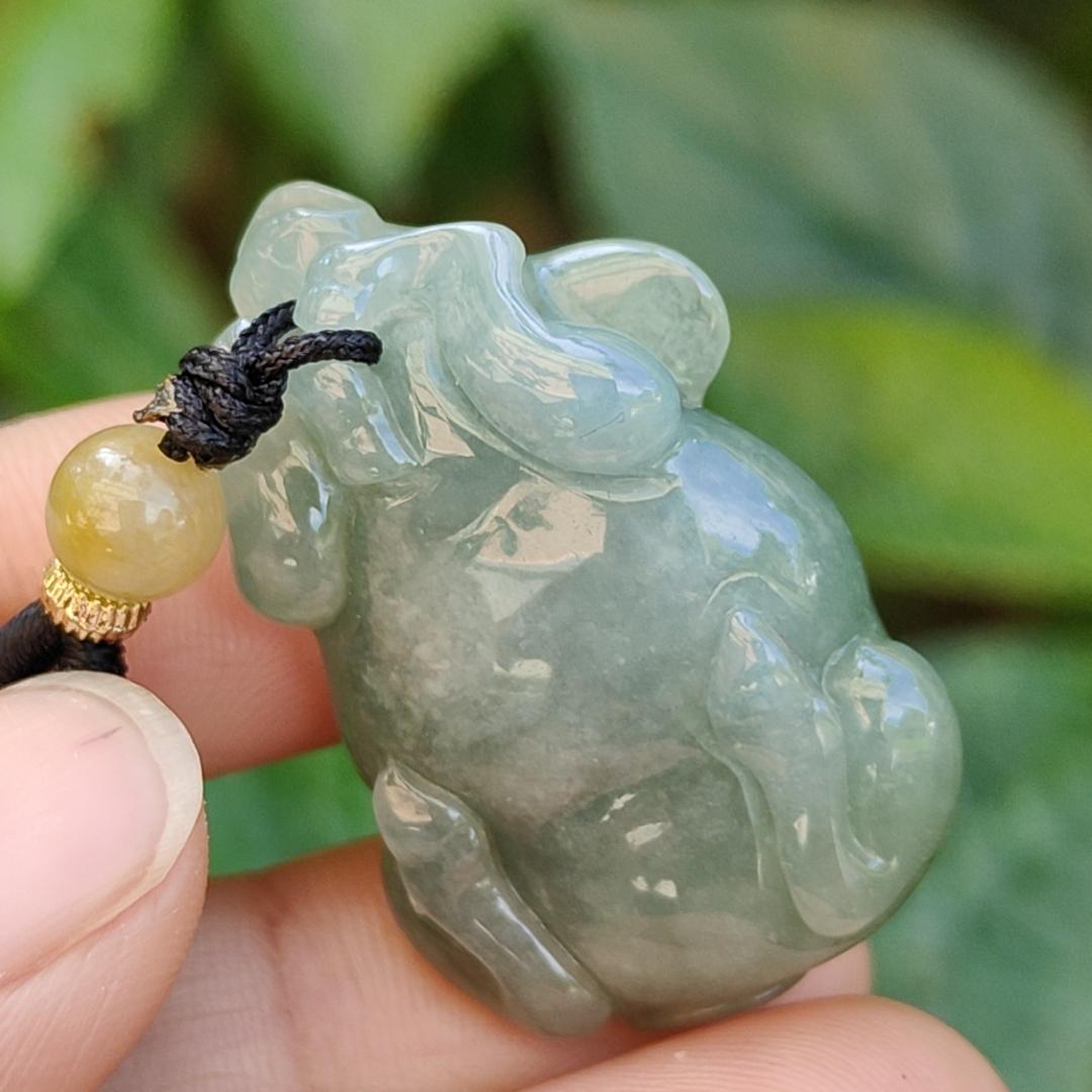 Oil Green Natural Type A Jadeite Pendant carved as water buffalo representing Hardworking and Simple, Unstoppable, Strong and Healthy and Turn the Tide, certificate include weighs 14.56 grams, 34.6 * 23.6 * 11.5 mm, suitable for daily wear (pendant80) Yi Pin Qian