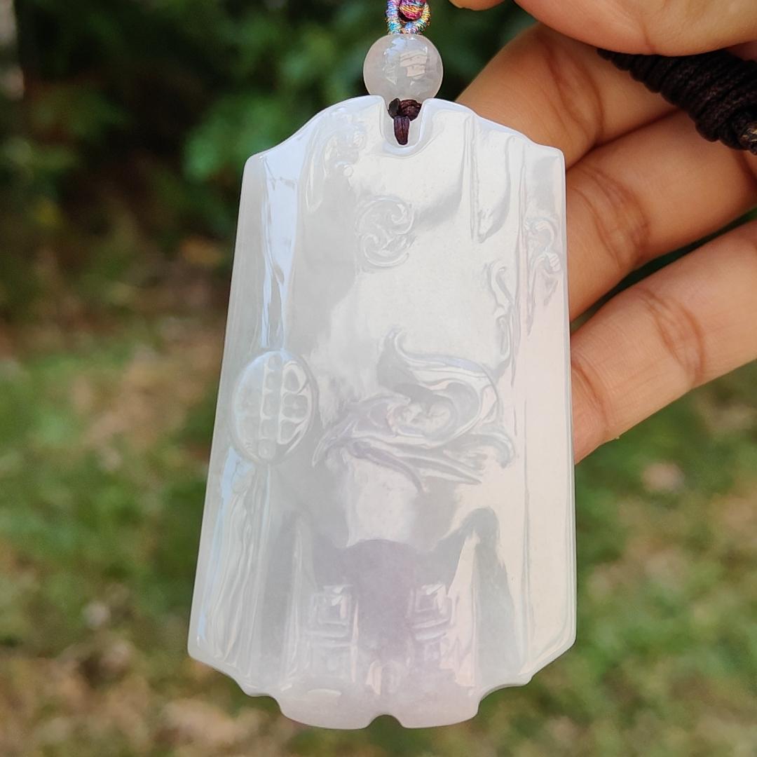 Hugh Light Lavender and Light Green Natural Type A Jadeite Pendant Necklace crafted as Chinese Old School Style pendant with chinese poem at the back, certificate included weigh 54.38 grams, 66.2 * 39.2 * 8.2 mm, collectible or daily wear (pendant38) Yi Pin Qian