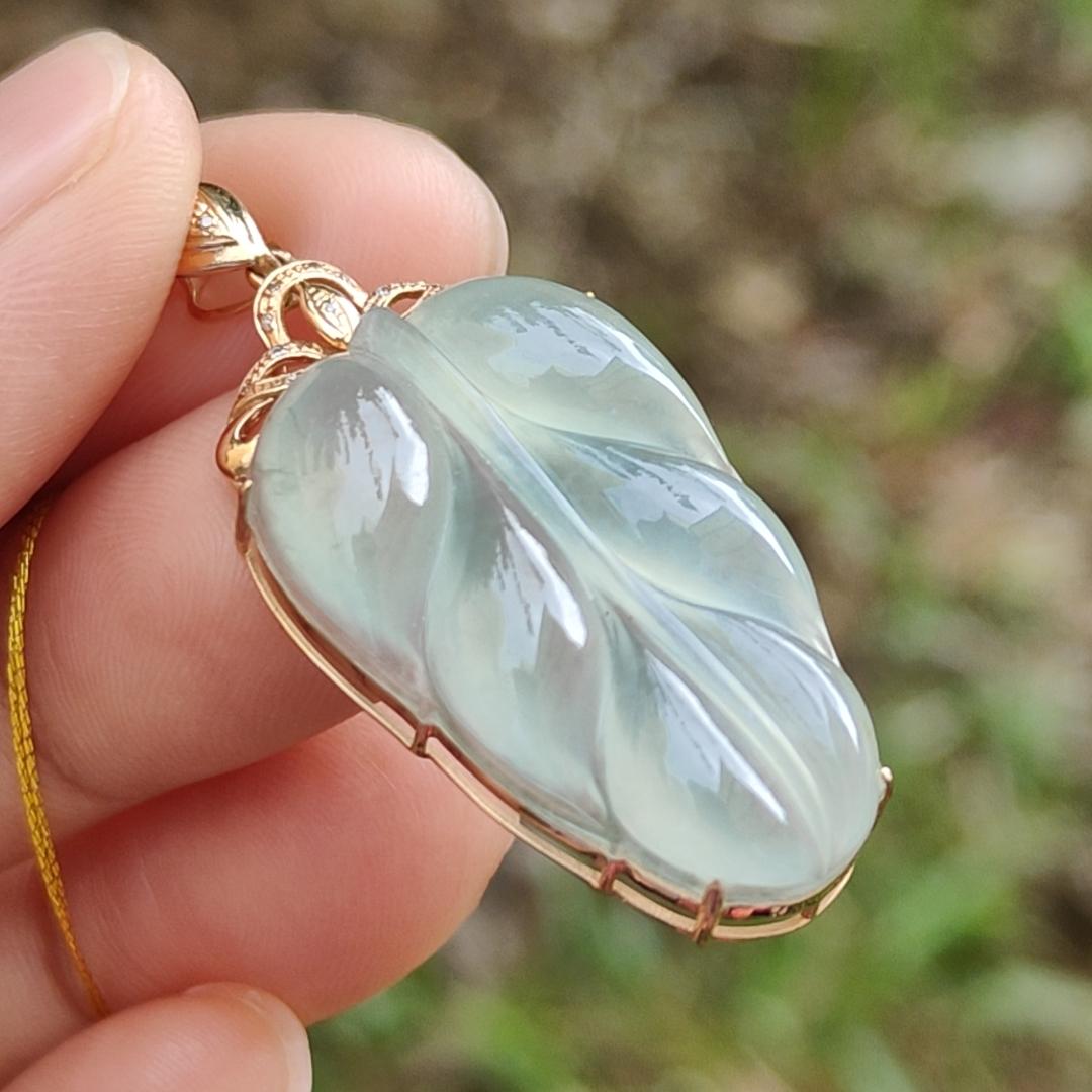 Premium Quality Icy Translucent Light Green Hue Natural Type A Jadeite Jade crafted as Leaf set on 18k Gold as Pendant, certificate weighs 5.07 grams, measurement 40.5 * 18 * 7.5 mm (18kp42) Yi Pin Qian