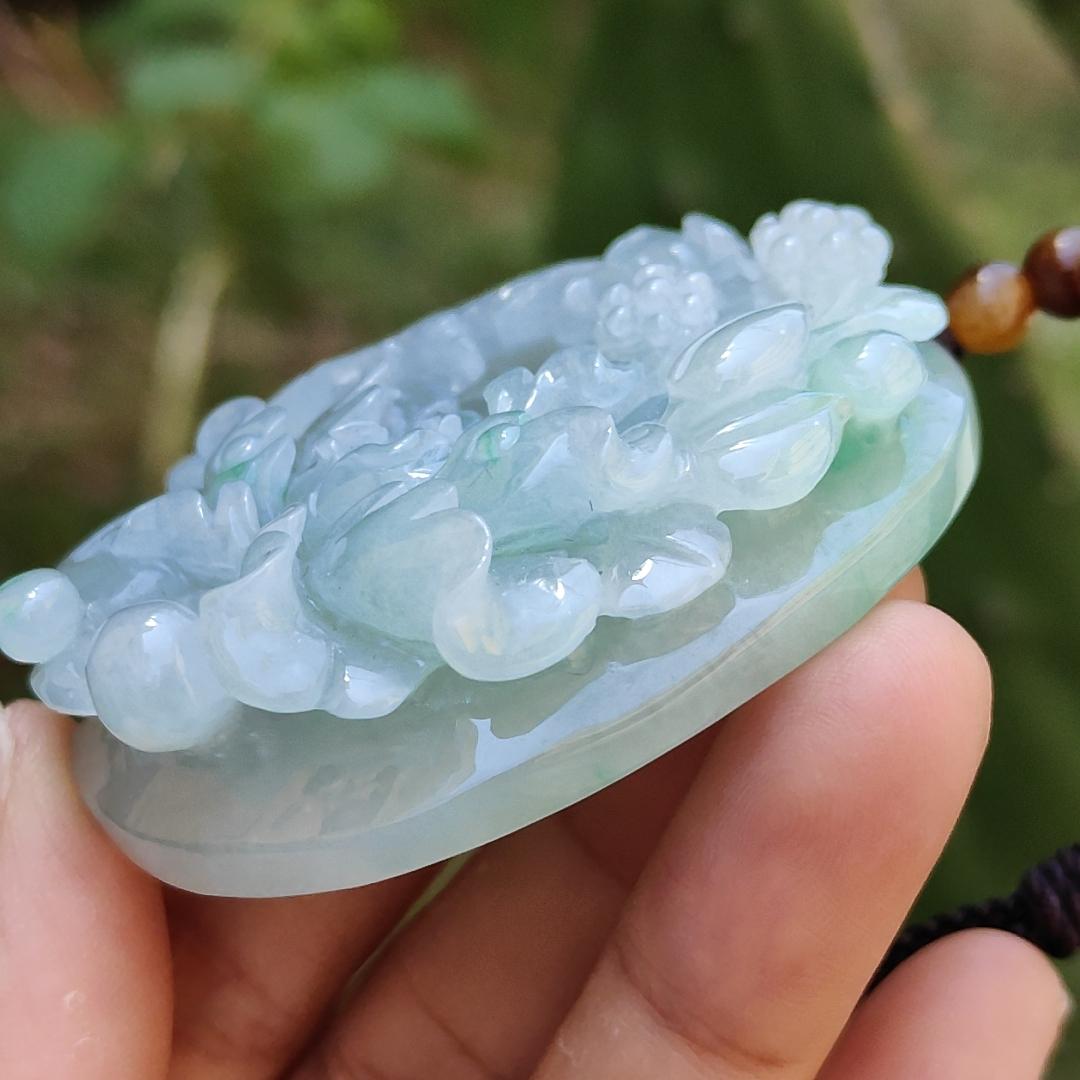 Green with Bluish Green Hue Natural Type A Jadeite Pendant Necklace crafted with Bird and flowers, symbols of Auspiciousness, blessing, Nature and vitality, certificate included weigh 69.39 grams, 55.2 * 45.8 * 15.8 mm, suitable for collection (pendant49) Yi Pin Qian