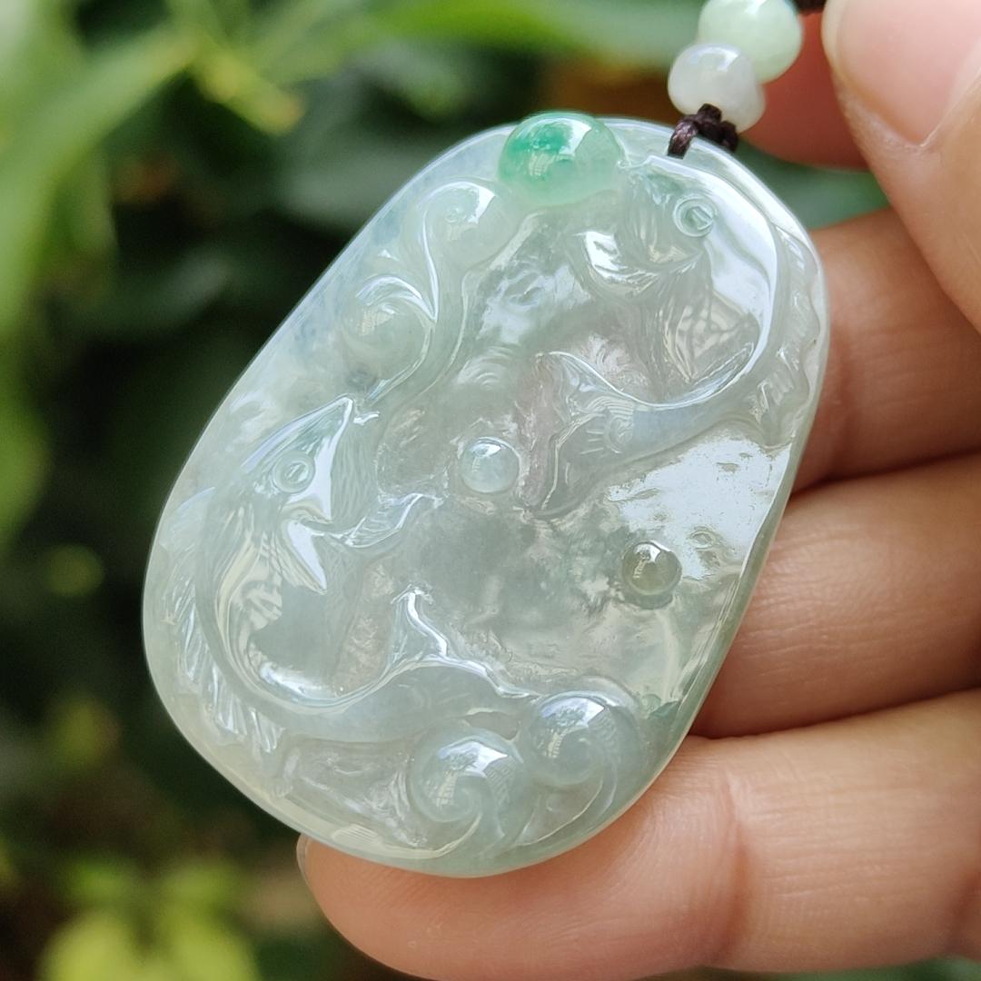 Crafted with pair of fish on Natural Type A Jadeite Jade as pendant certificate weighs 13.22 grams, measurement 42.8 * 30.3 * 5.2 mm (pendant343) Yi Pin Qian Jadeites Jade Jewelry ~Your Precious Quintessential ~ Singapore