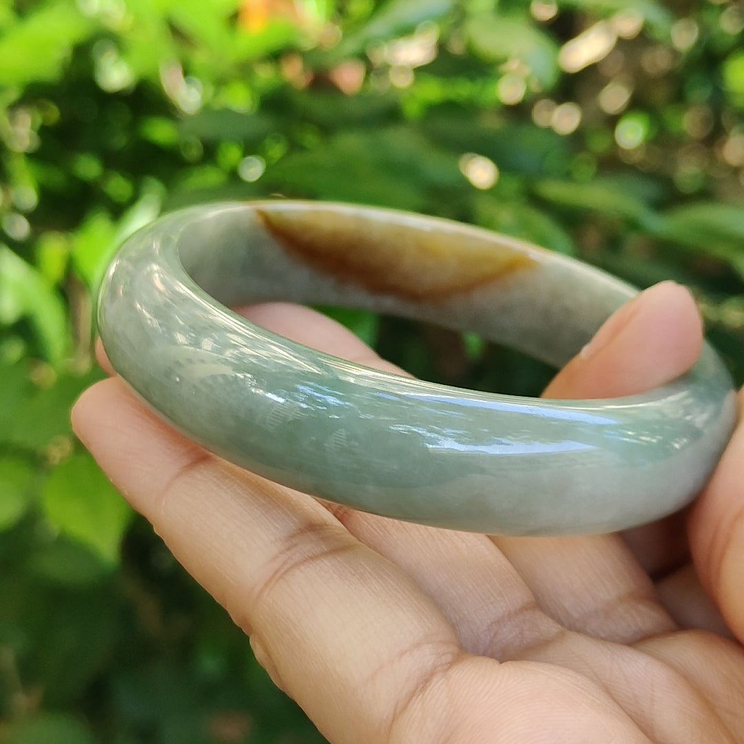 53.5 mm Light Green with Brown Patch Quality Burma Natural Type A Jadeite Jade crafted as Peace Bangle, certificate weighs 50.76 grams, Width: 13 mm Thickness: 7.6 mm (bangle16) Yi Pin Qian Jadeites Jade Jewelry ~Your Precious Quintessential ~ Singapore