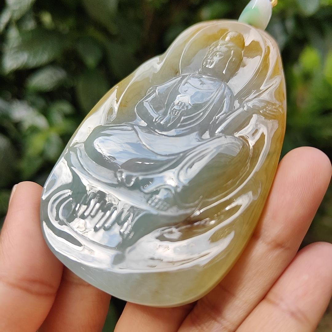 Hugh High Quality Light Green, Yellow Brown and Red Natural Type A Jadeite Jade crafted as Guanyin for Pendant, certificate weighs 79.47 grams, measurement 83.3 * 52.6 * 8.5 mm (pendant282) Yi Pin Qian