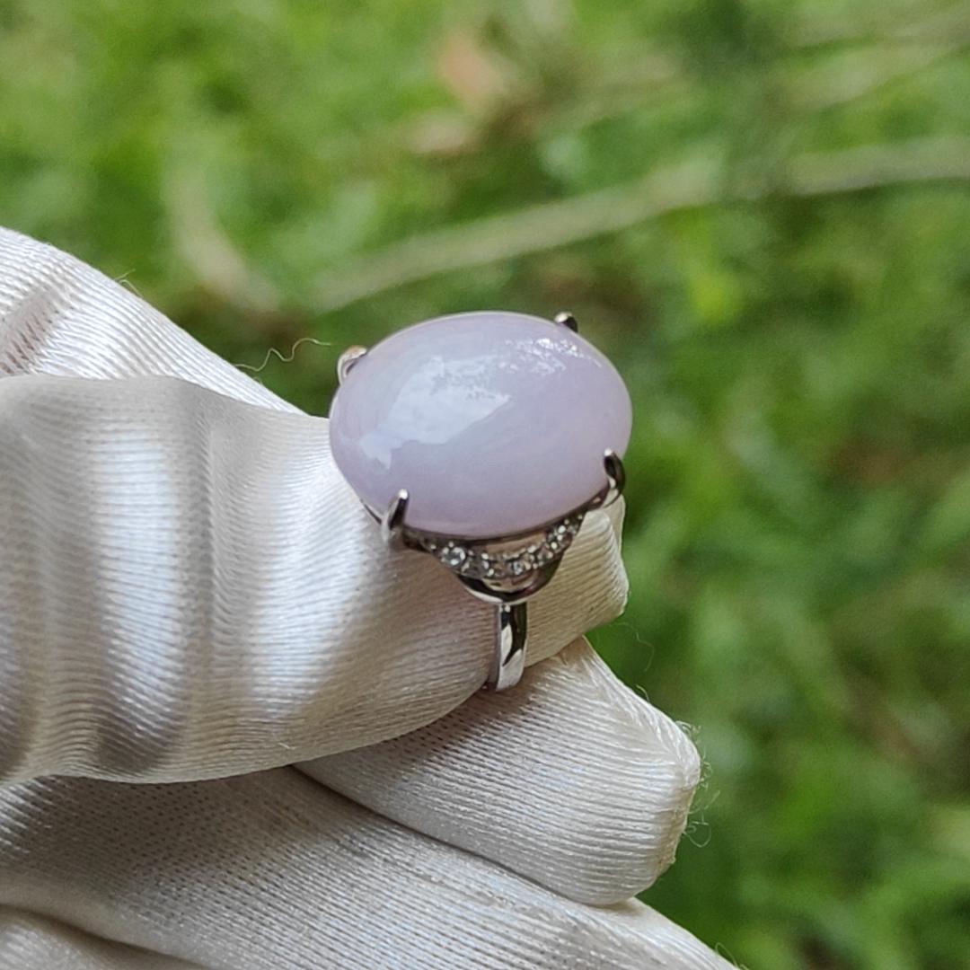 S925 Setting with Lavender Cabochon 15.6 * 12.3 * 5.2 mm Natural Type A Jadeite Jade Ring with certificate weigh 3.23 grams, finger size adjustable (s925ring4) Yi Pin Qian