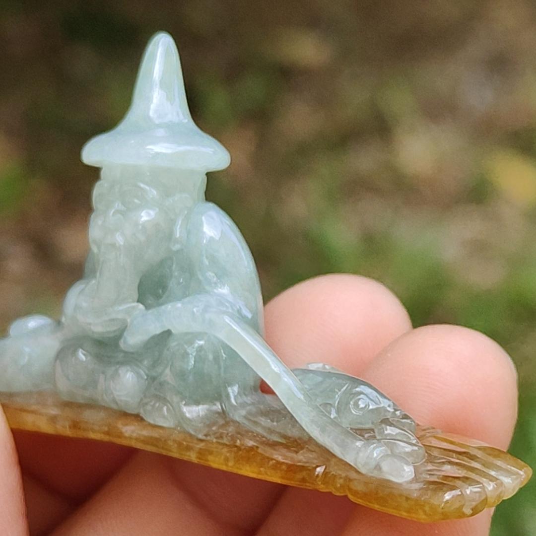 Light Green with Yellow Natural Type A Jadeite Jade crafted with Old Men Fishing as Display, certificate weighs 17.06 grams, measurement 65.2 * 32.8 * 12 (display1) Yi Pin Qian