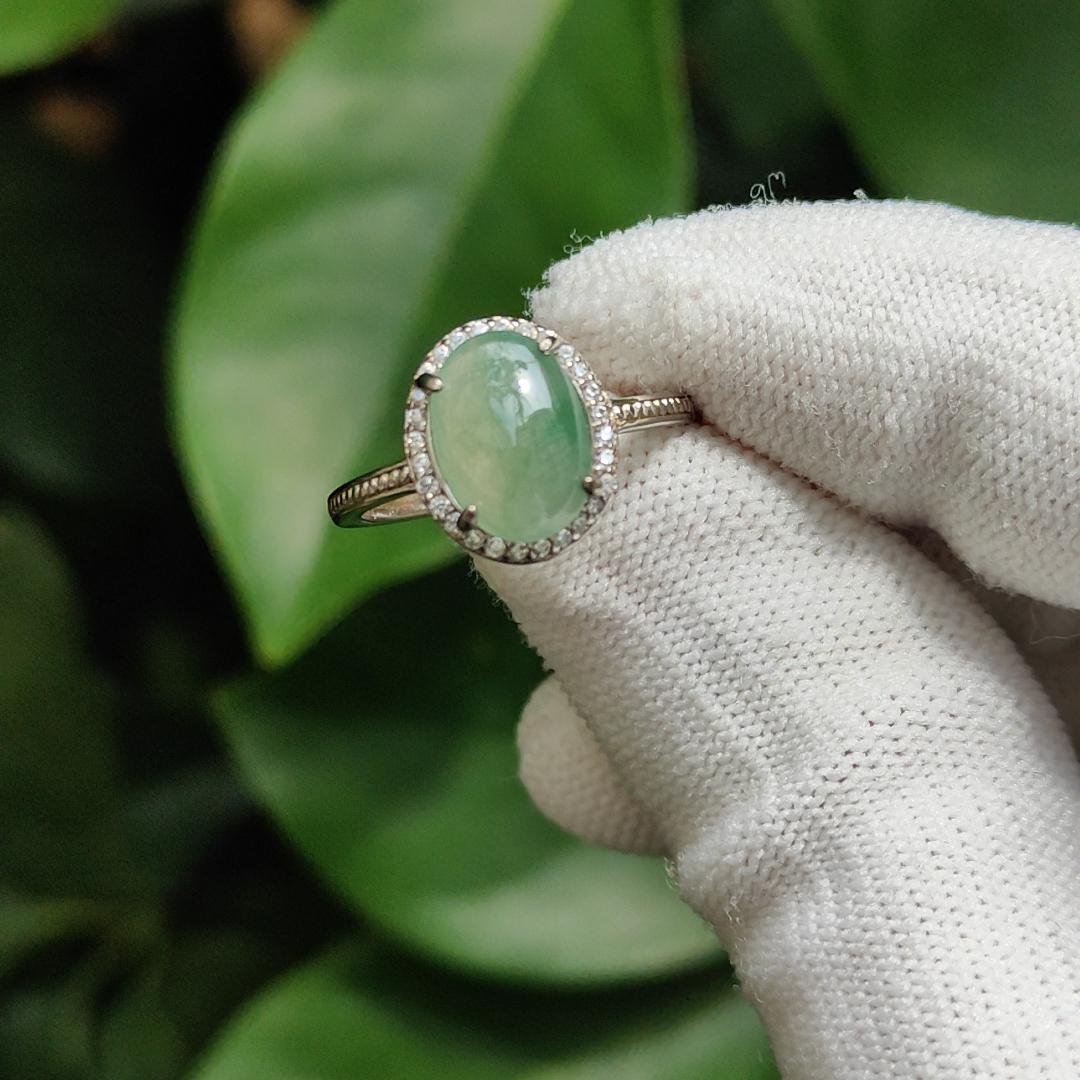 Crafted as Cabochon size 10.7 * 8 * 3mm on Light Green Natural Type-A Jadeite-Jade set with S925 adjustable as Ring, QIC approved Certificate weighs 2.25 grams (s925ring18) Yi Pin Qian Jadeites Jade Jewelry ~Your Precious Quintessential ~ Singapore