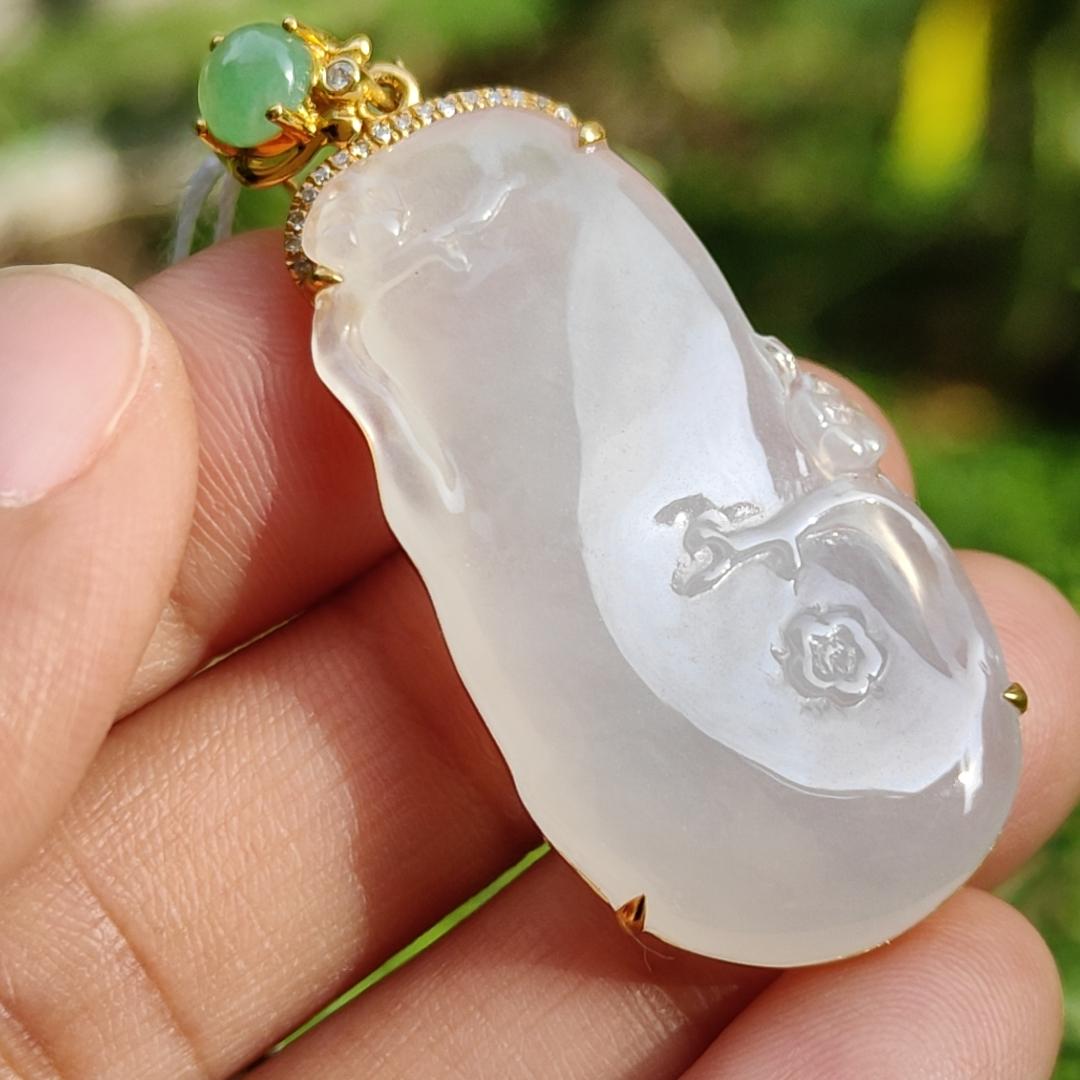 High Quality Icy Translucent Natural Type A Jadeite Jade crafted with flowers added Apple green cabochon set on 18k gold as Pendant, certificate weighs 8.53 grams, measurement 47.3 * 20 * 5.8 mm (18kp55) Yi Pin Qian