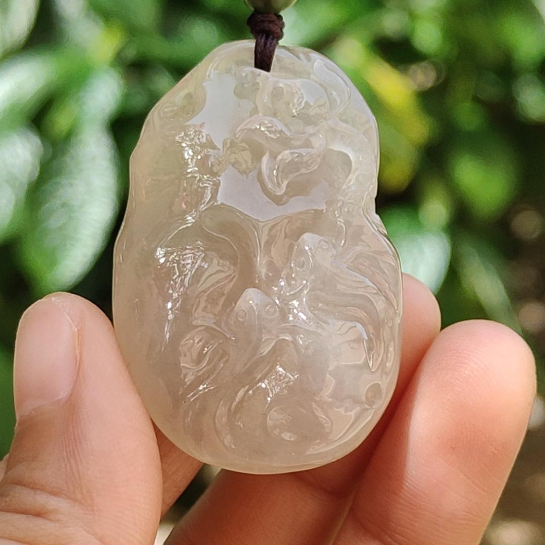 Premium High Quality Old Pit Natural Type A Jadeite Jade crafted with fish and Lotus as Pendant, certificate weigh 25.4 grams, measurement 44.2 * 28.5 * 12.3mm (pendant243) Yi Pin Qian