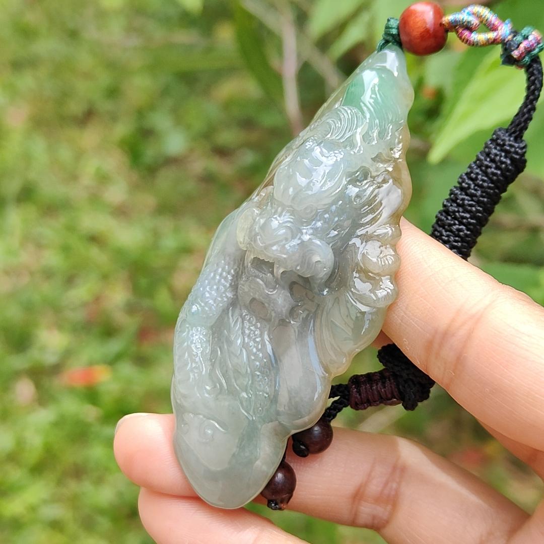 Super Rare Hugh Green and Yellow Natural Type A Jadeite Pendant Necklace Crafted with a Domineering Dragon symbols of Rise step by step, rise rapidly, with certificate weigh 44.19 grams, 77.2 * 37.5 * 15.8 mm (pendant25) Yi Pin Qian