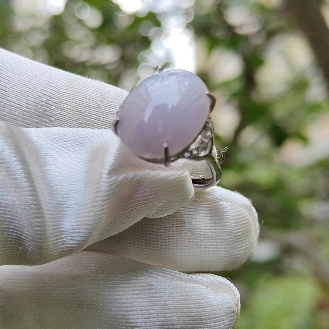 S925 Setting with Lavender Cabochon 15.6 * 12.3 * 5.2 mm Natural Type A Jadeite Jade Ring with certificate weigh 3.23 grams, finger size adjustable (s925ring4) Yi Pin Qian