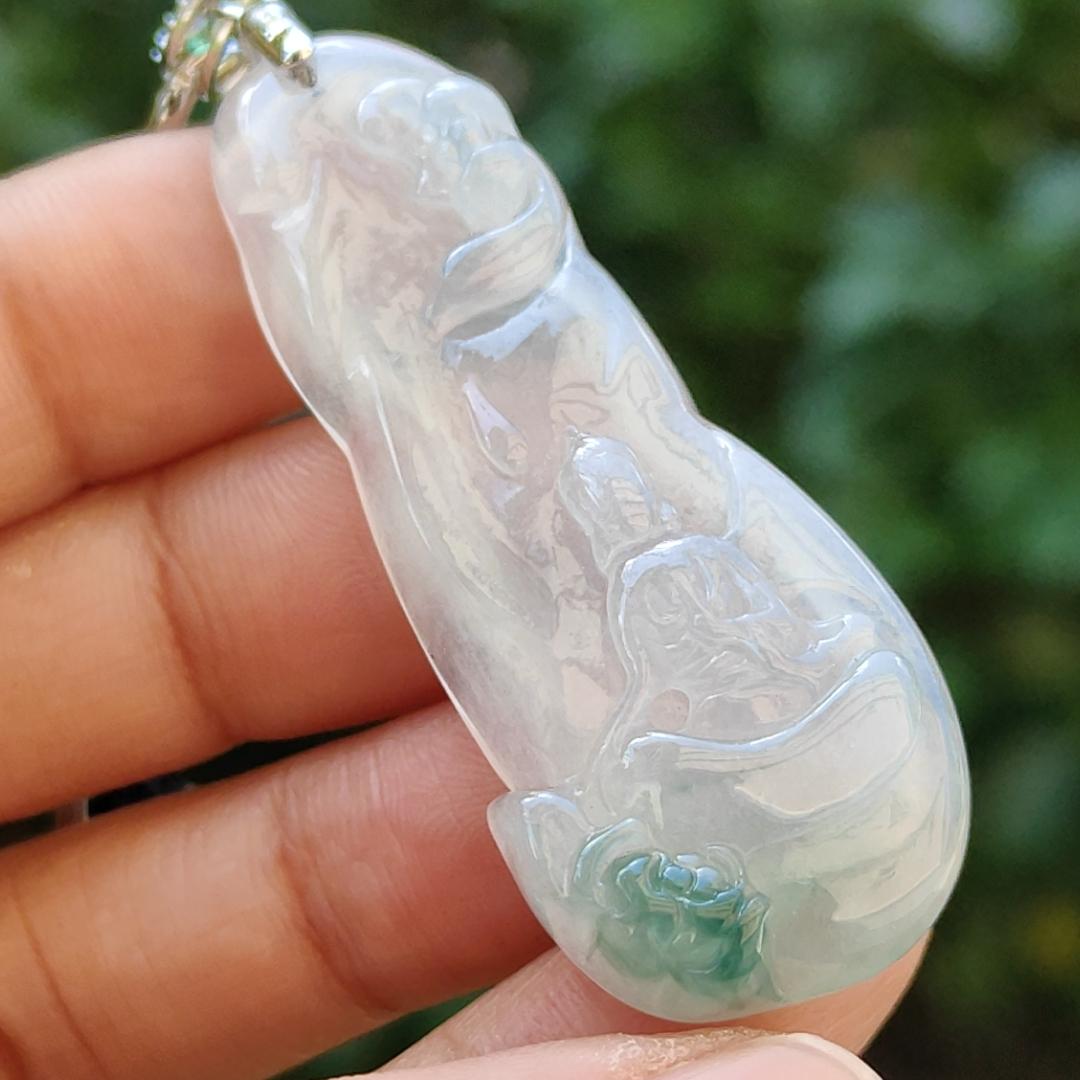 Icy variety Translucent with green Natural Type A Jadeite Pendant Necklace crafted as the faceless buddha with symbols of Holy and blessed blessings of wealth, prosperity and happiness with certificate weigh 11.02 grams, 49.9 * 19.9 * 7 mm (pendant34) Yi Pin Qian