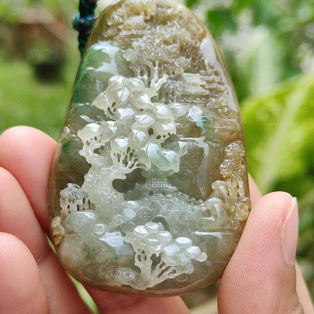Hugh, Rare, High-Quality Brown with Light Green Natural Type A Jadeite Jade crafted with Sceneries as Pendant, certificate weighs 67.2 * 43.3 * 19.3 mm (pendant266) Yi Pin Qian