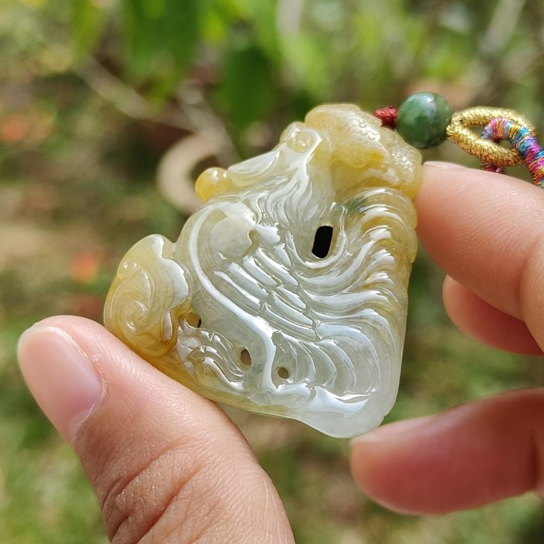 Premium Quality Yellow and Green Natural Type A Jadeite Jade crafted as Rooster with Ruyi as pendant necklace with certificate weigh 17.7 grams, measurement 41.6 * 34.8 * 7.5 mm (pendant208) Yi Pin Qian