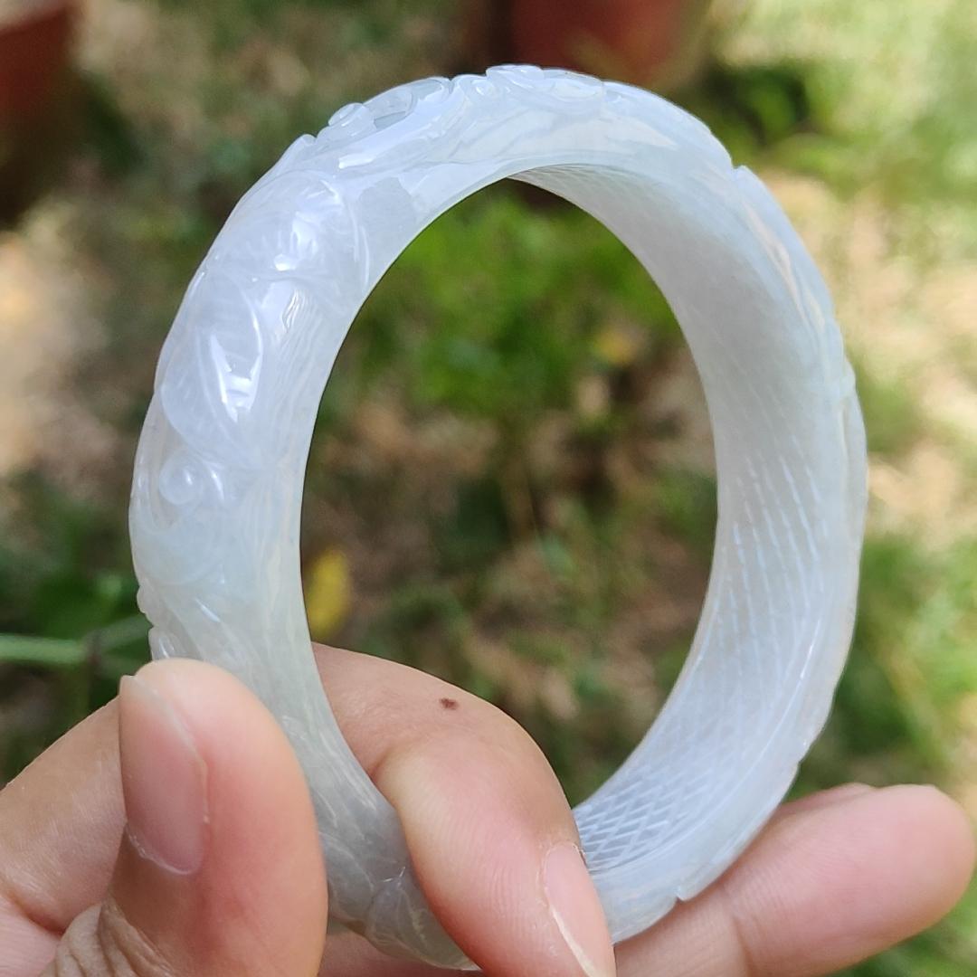 Light Lavender Natural Type A Jadeite Jade crafted with Pattern of Flowers with shape of Peace Bangle Bracelet , certificate weigh 60.82 grams, measurement 14 * 8.6 mm, Bangle Wrist Size: 56.5 mm (bangle6) Yi Pin Qian