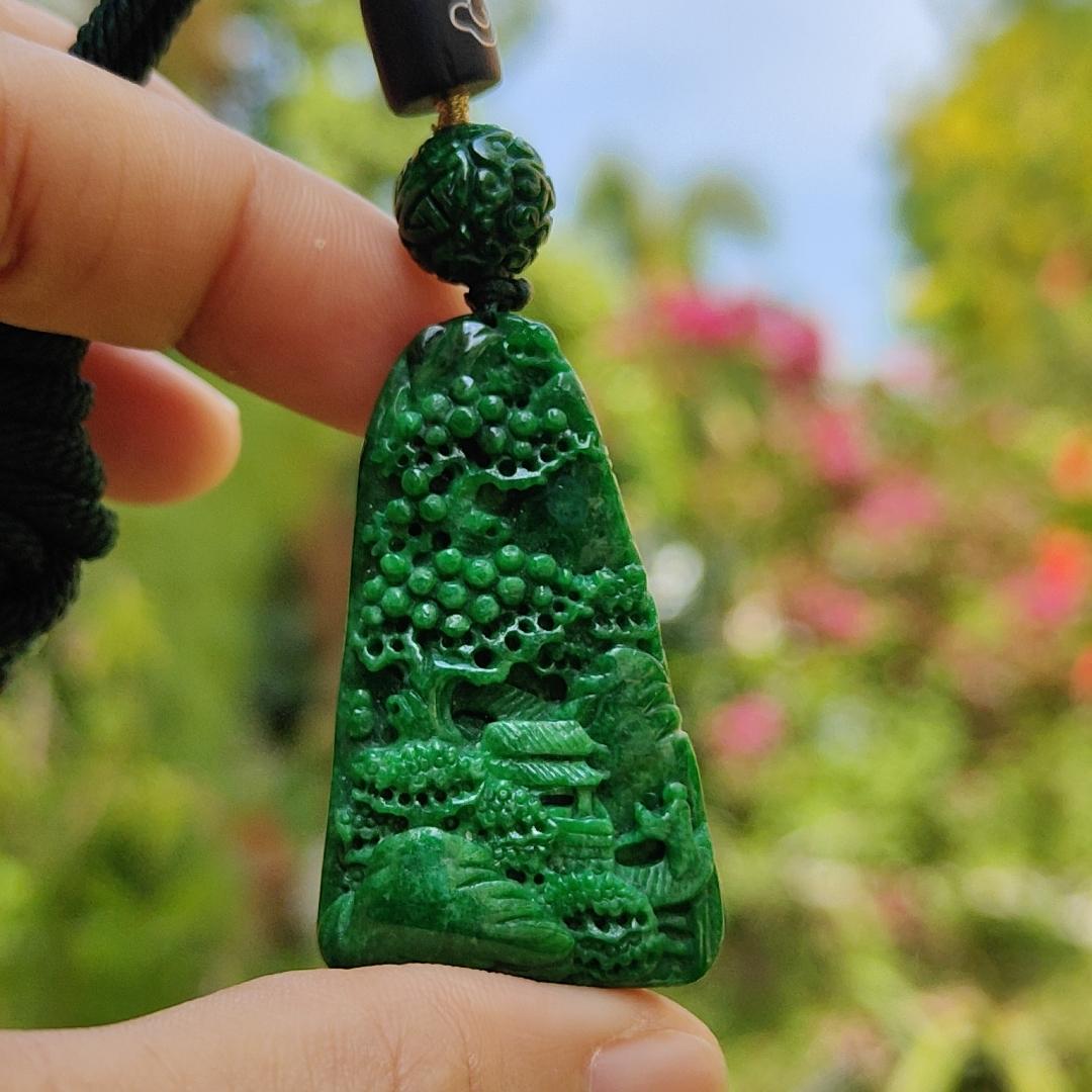 Dark Green Natural Type A Jadeite carved with scenery pendant with NGI Gemstone report weight 19.21 grams , 43.10 * 25.36 * 7.50 mm , Semi Translucent to opaque fine grain crystal aggregate - Good for daily wear pendant (pendant152) Yi Pin Qian