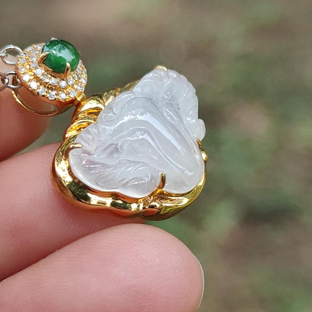 High Quality Icy Translucent Natural Type A Jadeite Jade crafted as Goat set with 18k Gold as Pendant, certificate weighs 2.99 grams, measurement 23 * 20.5 * 7.6 mm (18kp56) Yi Pin Qian
