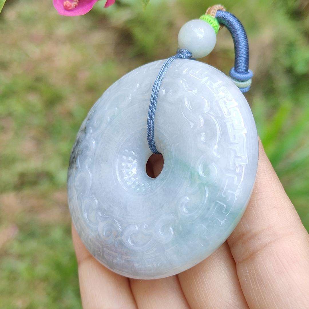 Hugh Natural Type A Jadeite Pendant Crafted as Dounut with beautiful archaize style with floating green and some wuji with Purple Hue, QIC Labs approved cert weigh 71.13 grams, 54.3 * 54.3 * 12.2 mm, symbols of Everything is going well (pendant64) Yi Pin Qian