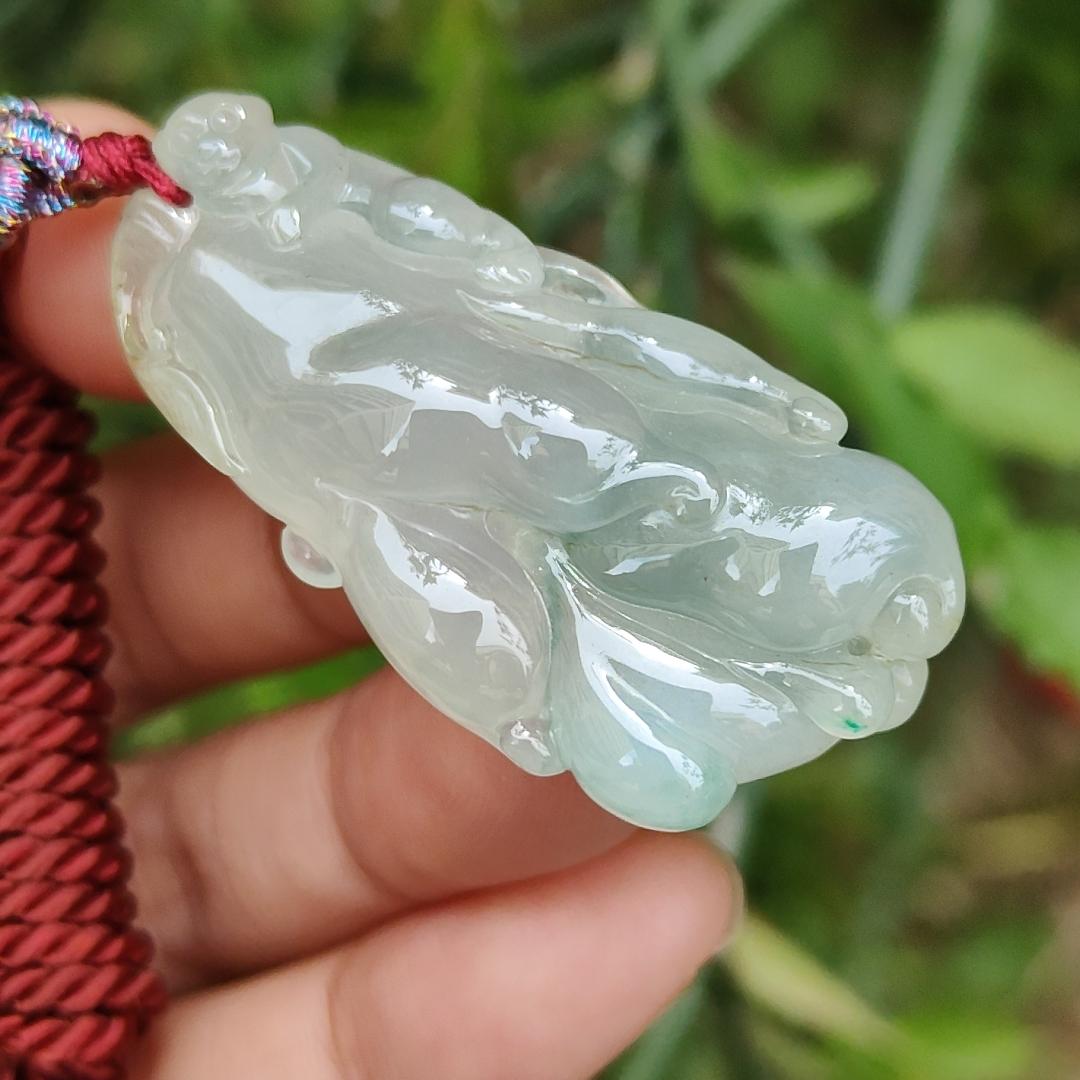 Icy with good translucent glossy texture Natural Type A Jadeite Pendant Necklace, Crafted with Monkey on Chayote symbols of Golden Monkey Brings Longevity and Double Blessings, certificate included weigh 16.84 grams, 44 * 21.3 * 11.8 mm, collectible jade Yi Pin Qian