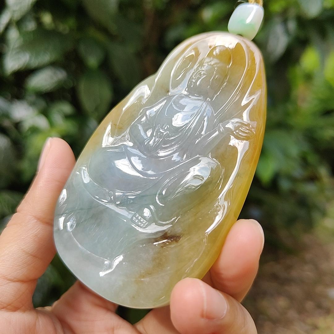 Hugh High Quality Light Green, Yellow Brown and Red Natural Type A Jadeite Jade crafted as Guanyin for Pendant, certificate weighs 79.47 grams, measurement 83.3 * 52.6 * 8.5 mm (pendant282) Yi Pin Qian