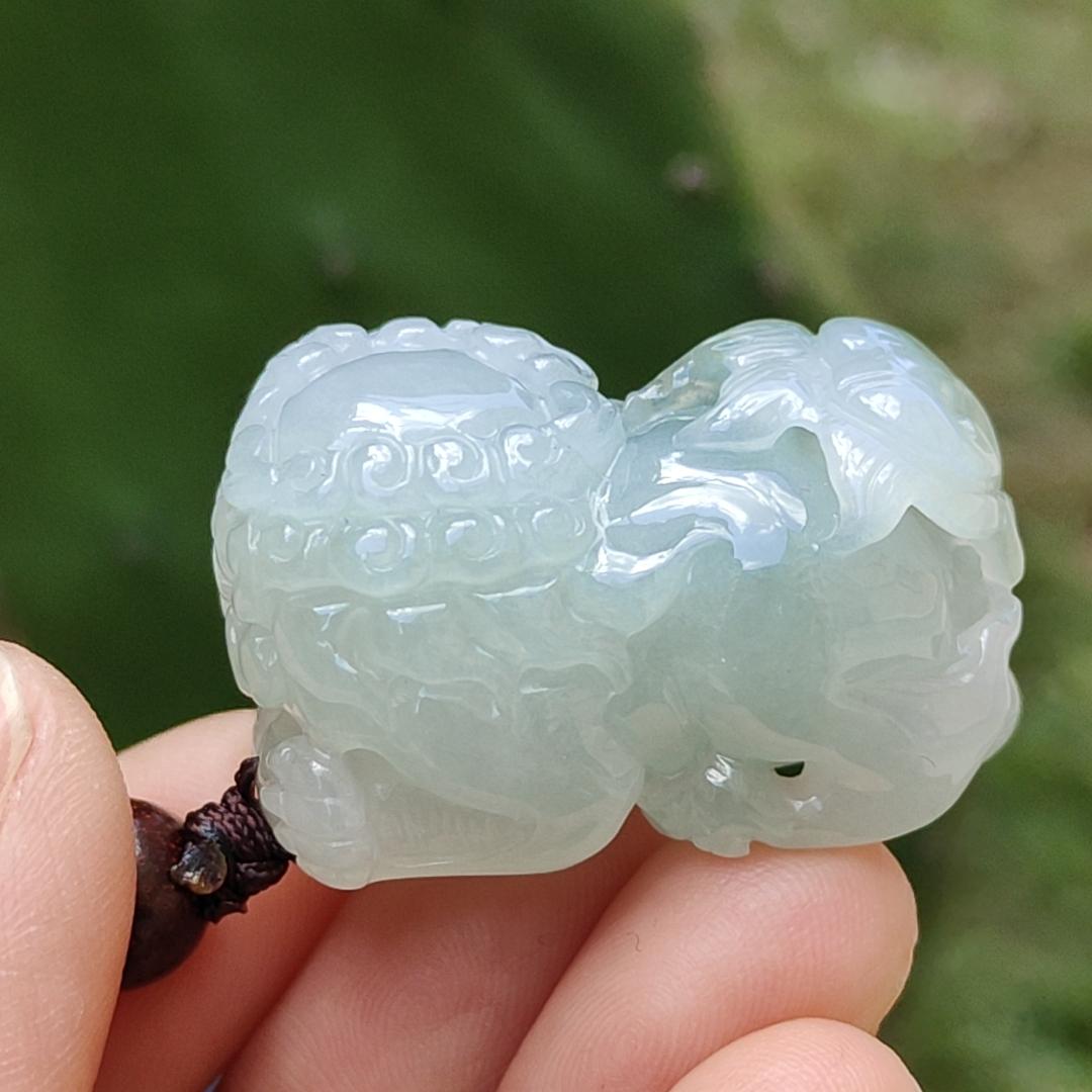 Light Green Semi Icy Lion Pendant Necklace Natural Type A Jadeite with certificate included weigh 25.70 grams, 32 * 17.2 * 21 mm, symbols of Strength, courage and good luck, suitable for daily wear Yi Pin Qian