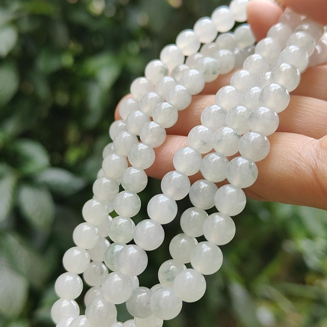 Premium Icy Translucent with Light Green patches Natural Type A Jadeite Jade crafted with 108 * 6.5 mm beads as Bracelet or Necklace, certificate weighs 52.19 grams (bracelet25) Yi Pin Qian
