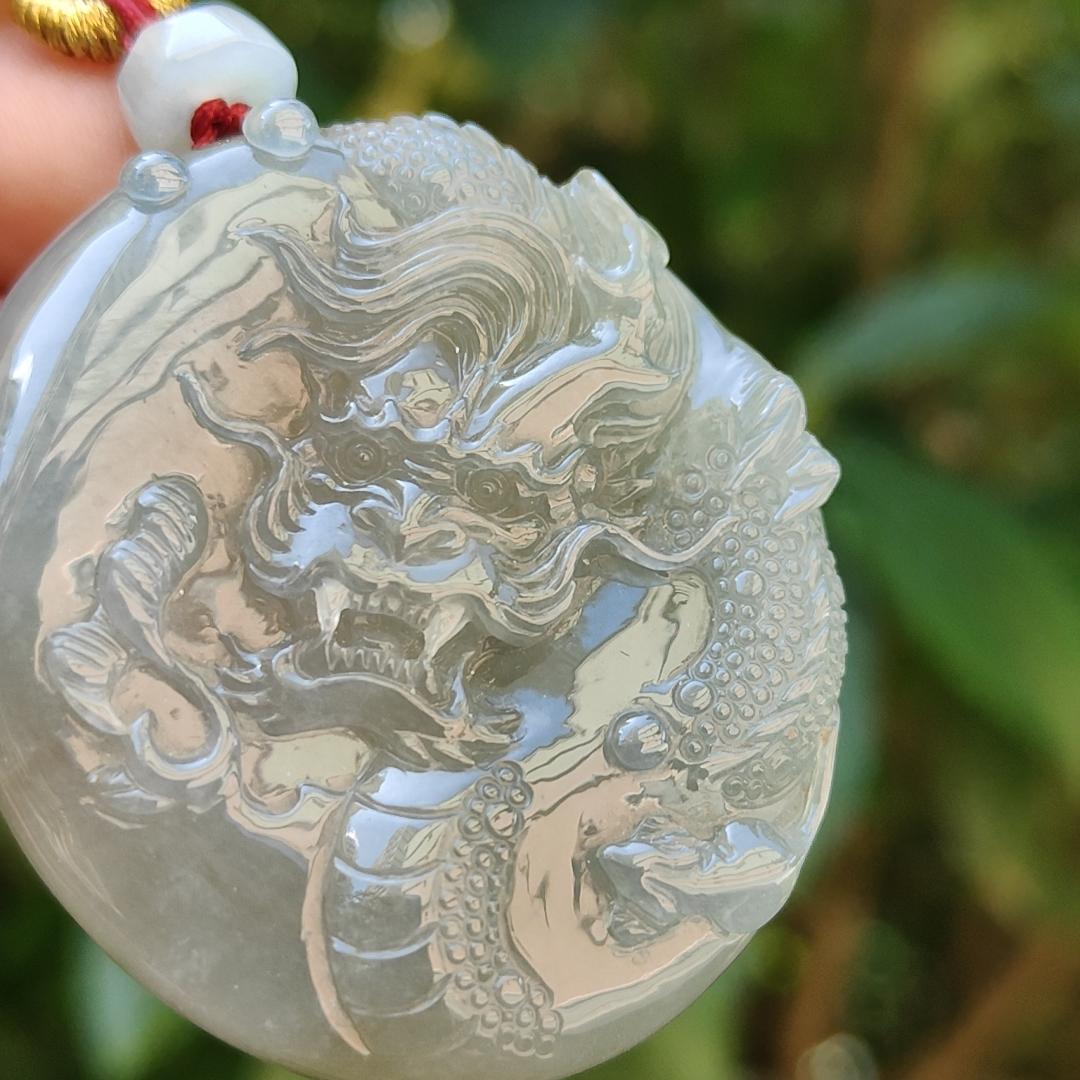 Light green with Brown fine quality Natural Type A Jadeite Pendant carved with dragon meaning wisdom, Auspiciousness, strength and independence with certificate weigh 41.21 grams, 46 * 40.60 * 10.80 mm, very suitable for daily wear (pendant91) Yi Pin Qian