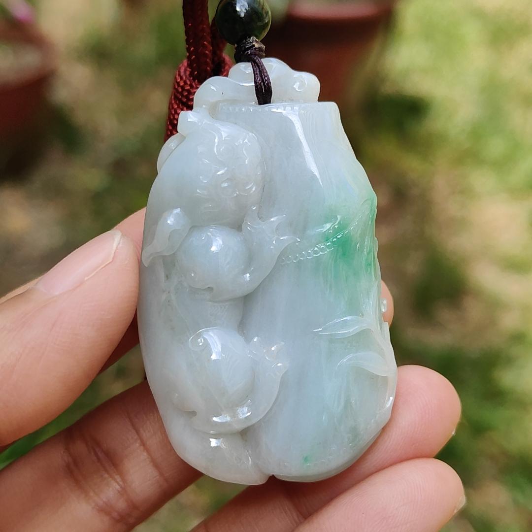 Green with yellow patches Natural Type A Jadeite Jade crafted as Bamboo with Pixiu as Pendant, certificate weigh 35.85 grams, measurement 52.3 * 31 * 12.2 mm (pendant223) Yi Pin Qian