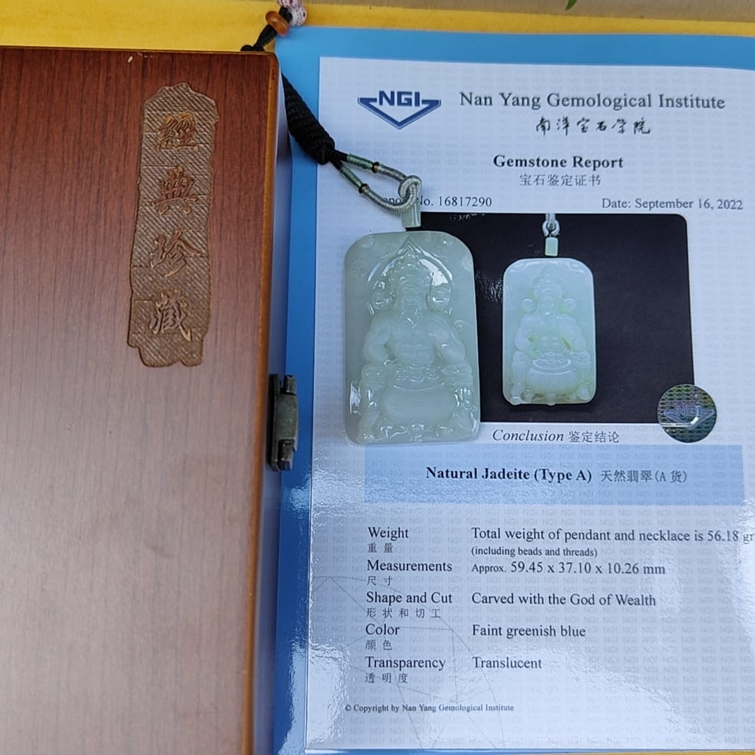 Fortune God with Heng Ong Huat Type A Natural Jadeite Jewelry Pendant with NGI Gemstone report pendant weight 56.18 gram , 59.45 * 37.1 * 10.26 mm - Translucent faint greenish blue (pendant141) Yi Pin Qian