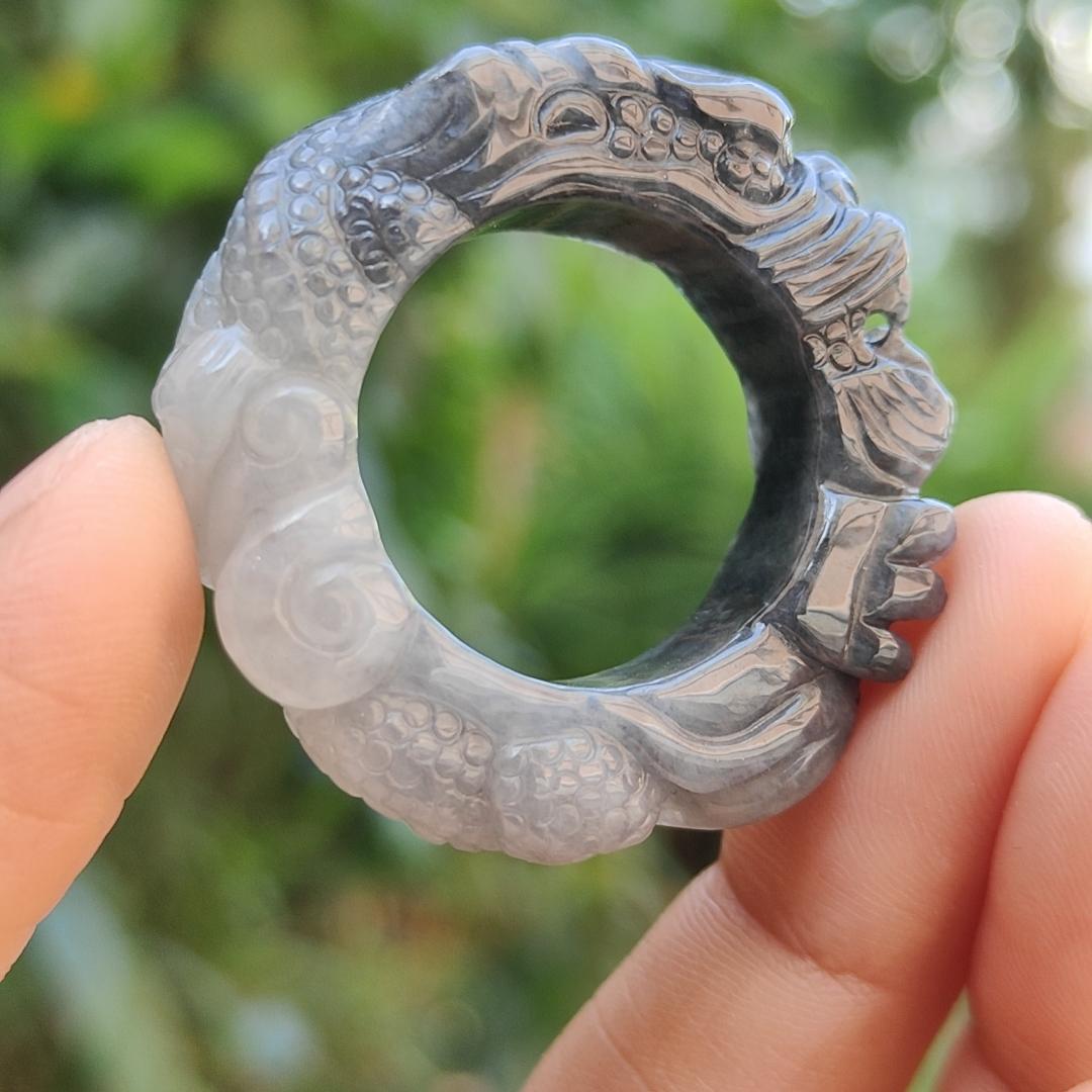 Black and White Natural Type A Jadeite Jade crafted with Dragon as 21mm Ring, certificate weigh 16.8 grams, measurement 10.5 * 8.3 mm (ring7) Yi Pin Qian