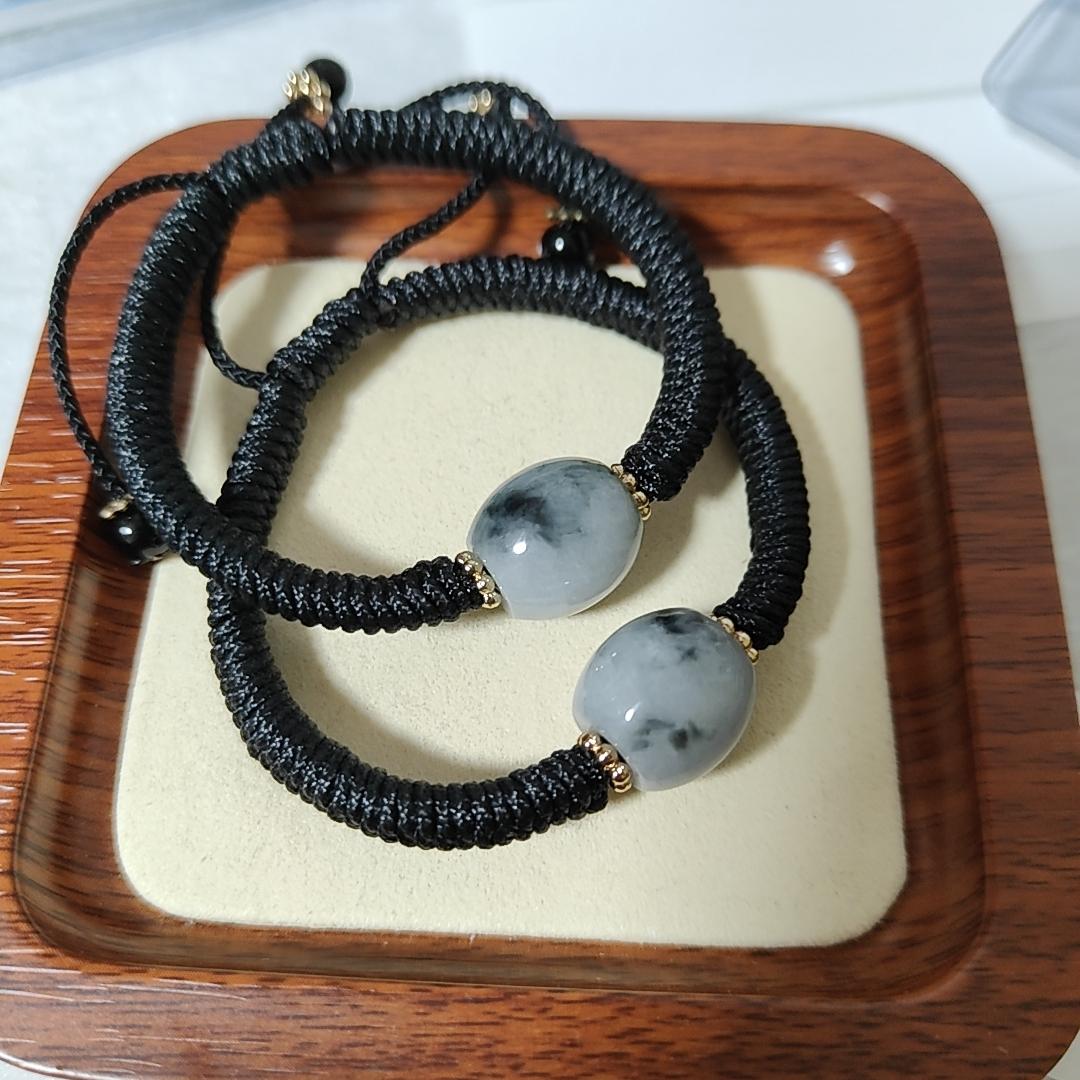 Diamond Knot Rope, hand knotted Rope, 13.8 * 14.2 and 14.6 * 14.2 Jadeite Lu Lu Tong Beads (No Certificate), selling in a pair (bracelet12) Yi Pin Qian