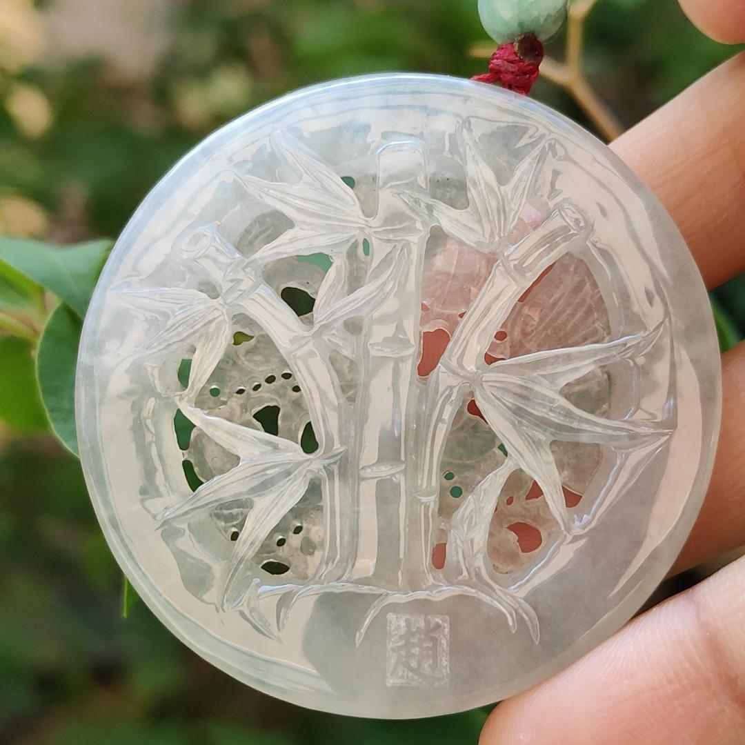 Highly Translucent Icy Natural Type A Jadeite Pendant Carved with Cranes, Pine Trees and Bamboo meaning Endurance, Perseverance and Never fading with Longevity, certificate included weighs 28.38 grams, 52.5 * 52.5 * 6.1 mm, for collection (pendant90) Yi Pin Qian