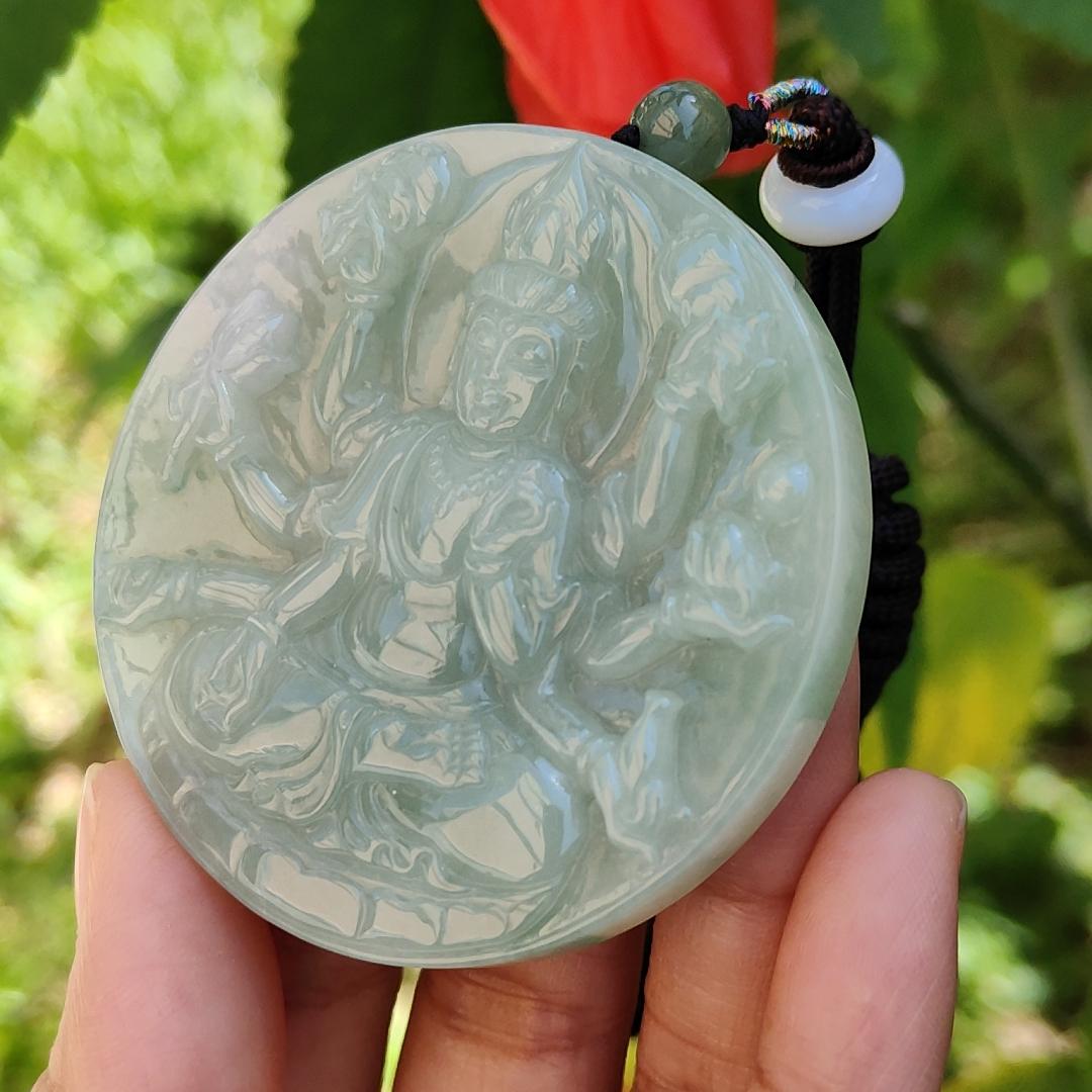 Light Green Natural Type A Jadeite Pendant Necklace crafted as Thousand Hands Guanyin with certificate weigh 48.82 grams, 57.6 * 57.6 * 7.2 mmsymbols of Eliminate obstacles and resolve all disasters, peace and auspiciousness for daily wear (pendant43) Yi Pin Qian