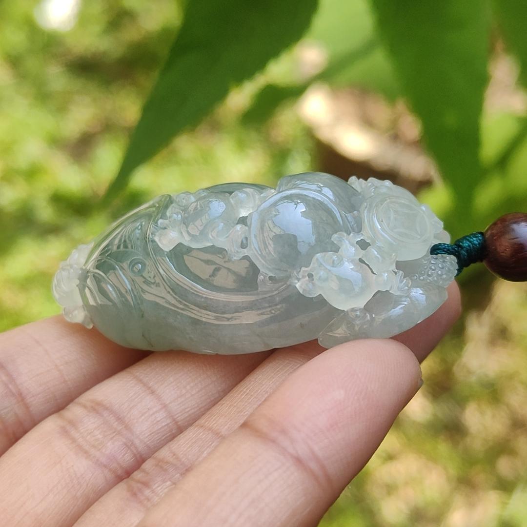 Premium Light Green Semi Icy Natural Type A Jadeite Jade Pendant crafted with frogs, coins and lotus with certificate weigh 35.12 grams, measurement 50.7 * 24.7 * 18.2 mm (pendant193) Yi Pin Qian