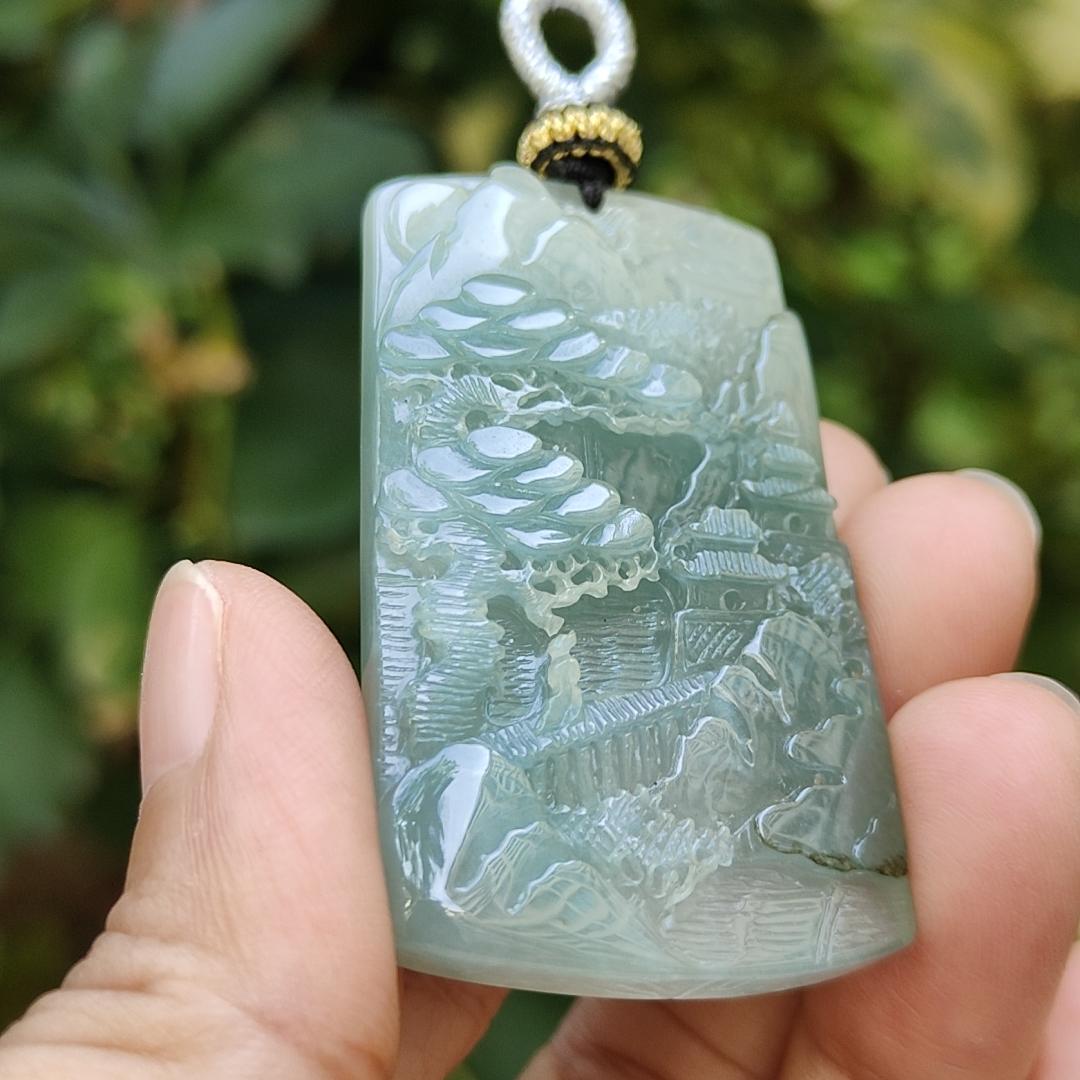 Latest New Arrival Sg Seller Crafted with sceneries on Natural Type A Jadeite Jade as Pendant certificate weighs 24.73 grams, measurement 49 * 29 * 7.6 mm (pendant342) Yi Pin Qian Jadeites Jade Jewelry ~Your Precious Quintessential ~ Singapore