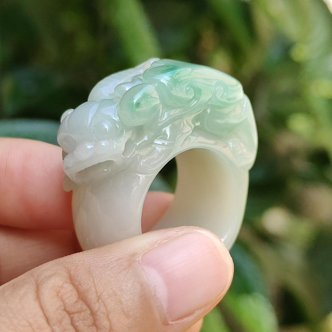 Rare Quality Light Green with White Natural Type A Jadeite Jade crafted with Pixiu and Ruyi as Ring, certificate weigh 31.97 grams, measurement 36.2 * 16 * 13, Finger size 19.5 mm (ring5) Yi Pin Qian