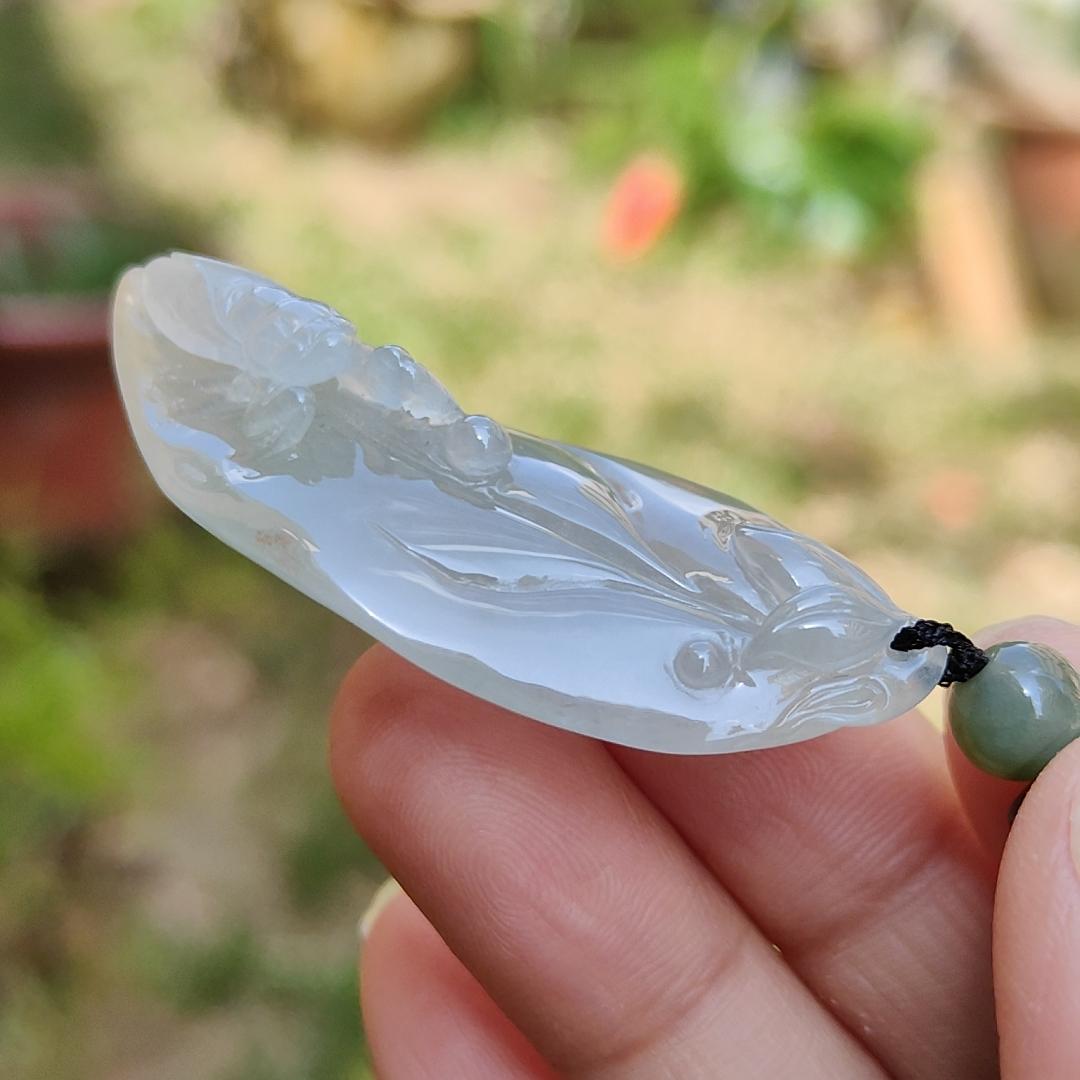 Icy Translucent with Yellow Patches Natural Type A Jadeite Jade crafted with leaf and Cicada as a Pendant, certificate weigh 13.68 grams, measurement 52 * 21.7 * 11.8 mm (pendant224) Yi Pin Qian