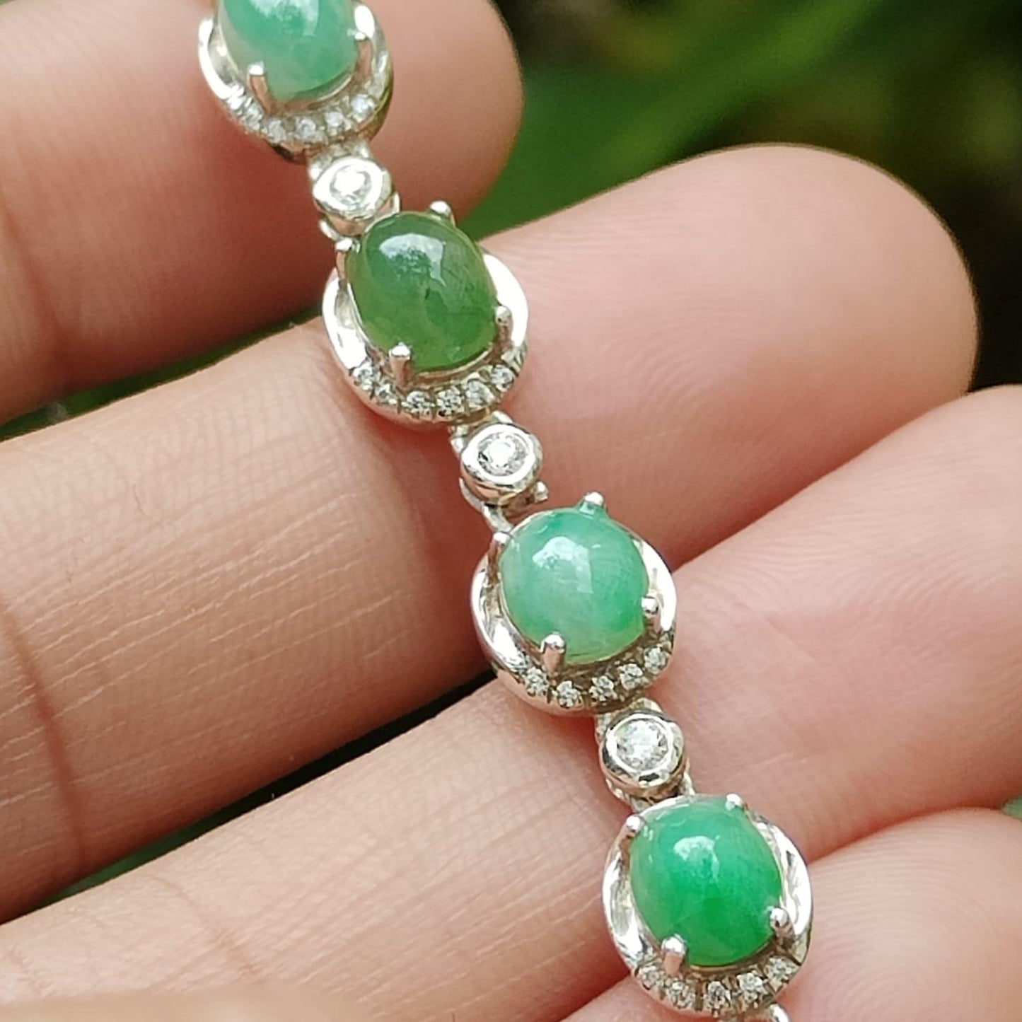 Verdant Harmony Jadeite Cabochon Bracelet – Light Green with Green Hues, S925 Setting (Sku: s925b11)