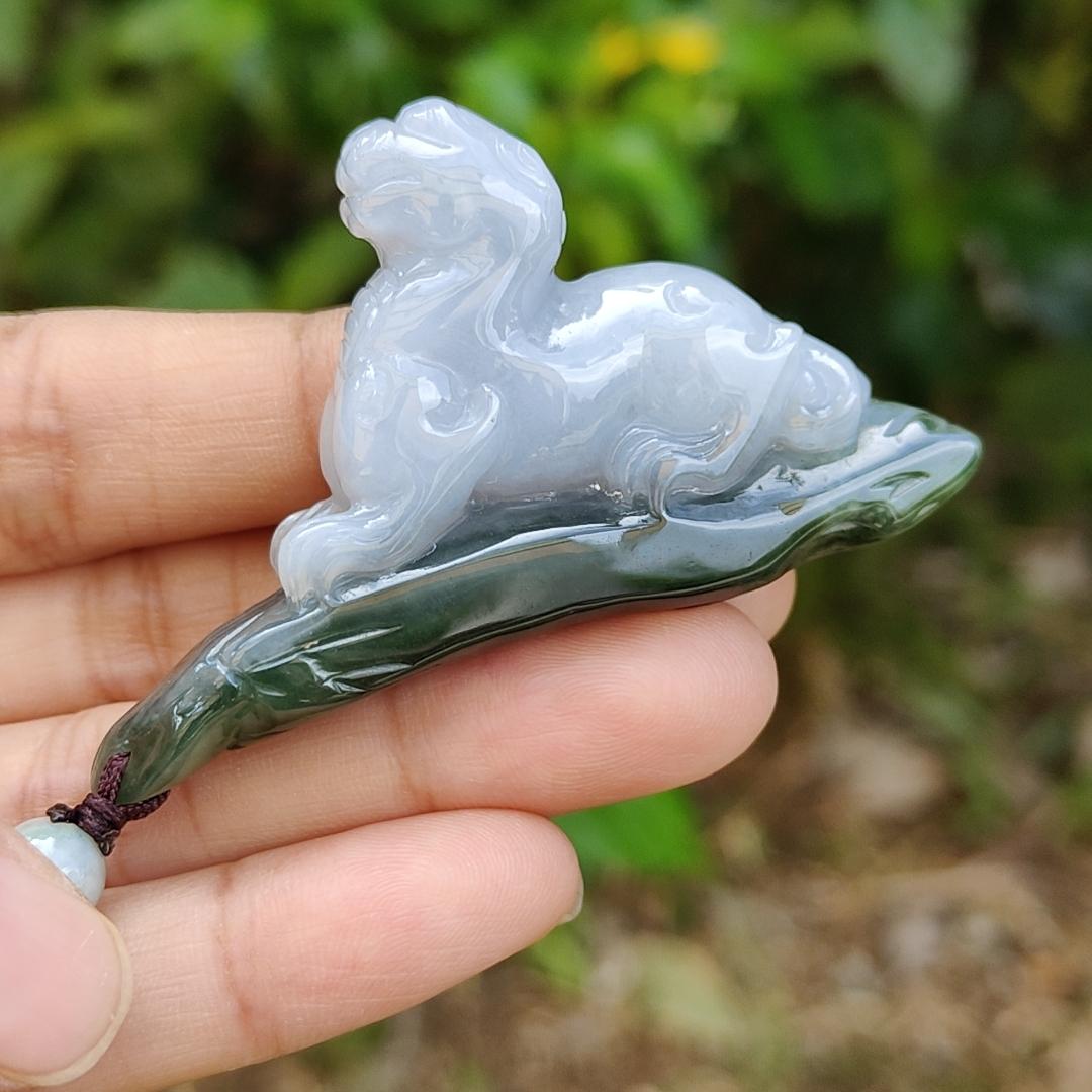 Lavender and Green Natural Type A Jadeite Handheld Piece crafted with Pixiu meaning rich, happiness and good luck with certificate weight 29.97 grams, 61.30 * 10.70 * 34.60 mm, also suitable for display anywhere at home, car or office (hand1) Yi Pin Qian