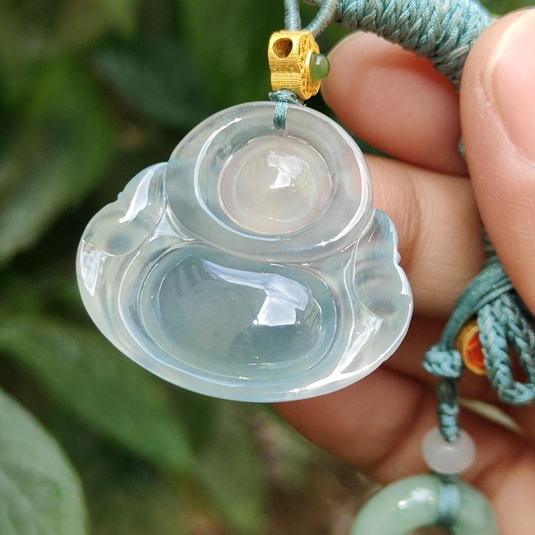 Old Pit Icy Bluish Green Natural Type A Jadeite Pendant Necklace crafted as Laughing Buddha with certificate weigh 13.48 grams, 27.7 * 31.6 * 7.2 mm (pendant162) Yi Pin Qian