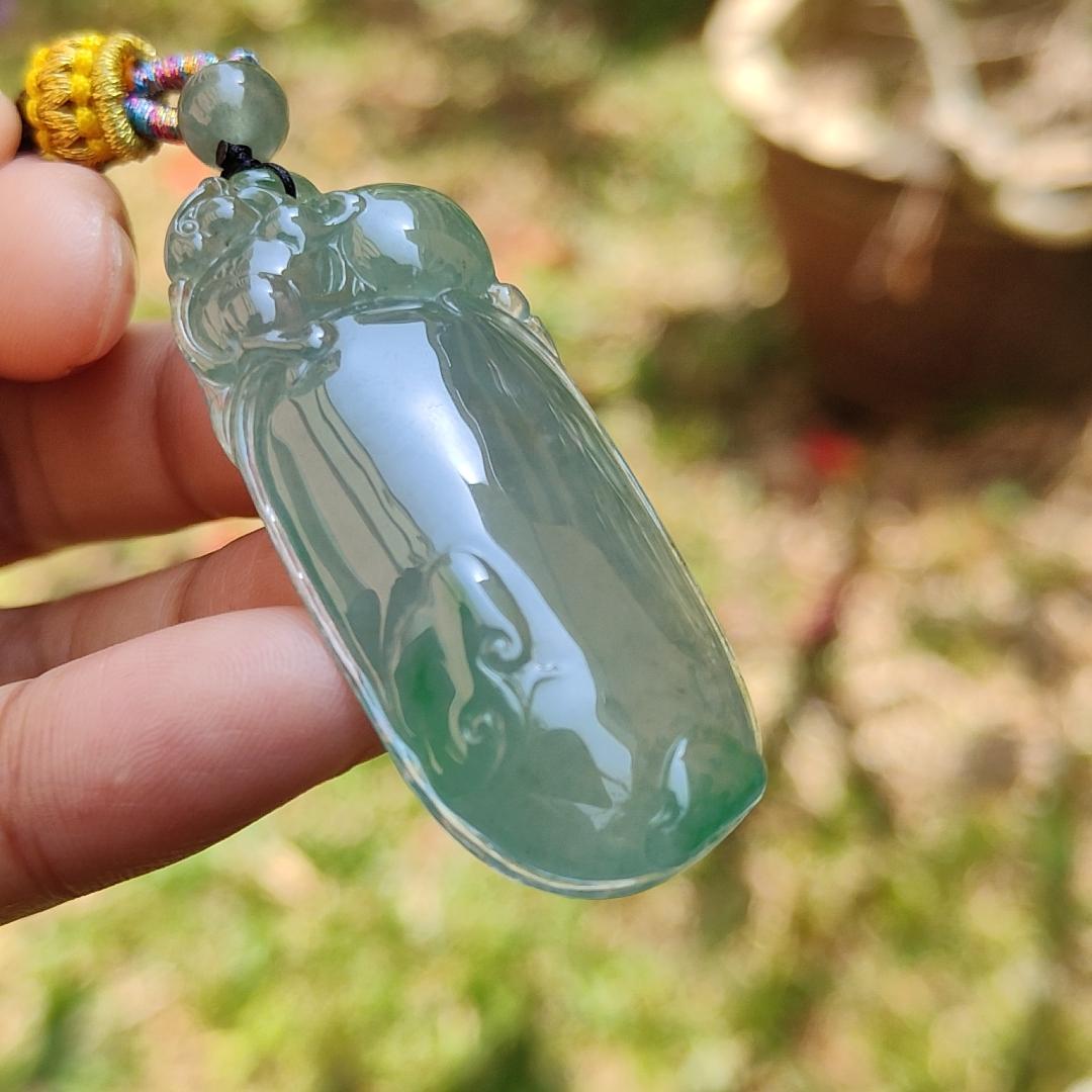 Premium Quality Icy Translucent Green with Green Patches Natural Type A Jadeite Jade crafted with Squirrel and Ruyi as Pendant, certificate weigh 17.83 grams, measurement 49.3 * 21 * 9.3 mm (pendant225) Yi Pin Qian