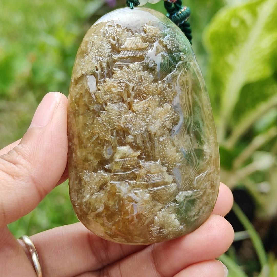 Hugh, Rare, High-Quality Brown with Light Green Natural Type A Jadeite Jade crafted with Sceneries as Pendant, certificate weighs 67.2 * 43.3 * 19.3 mm (pendant266) Yi Pin Qian